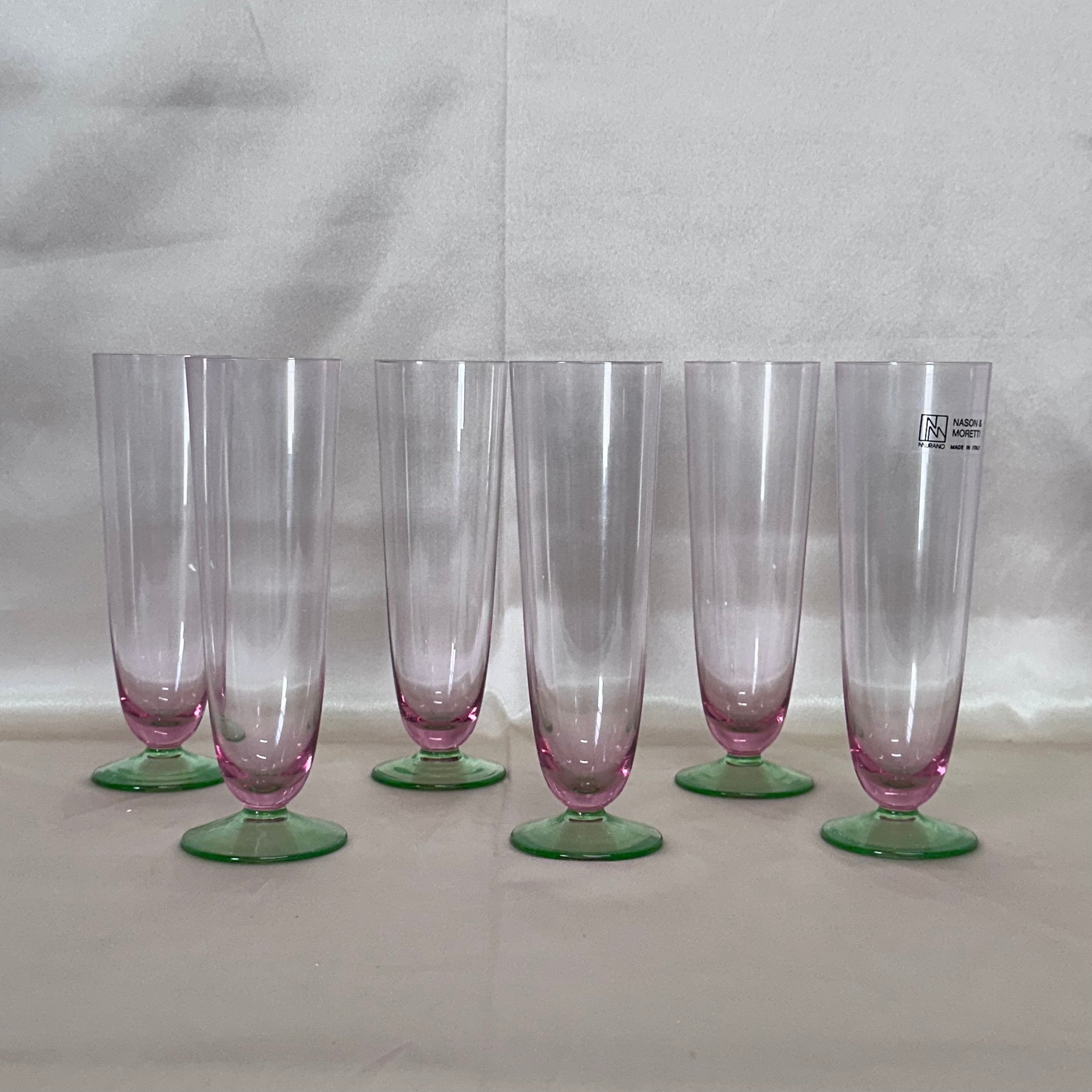 Nason & Moretti Murano Green lavender Champagne Flutes Glass Set of 6