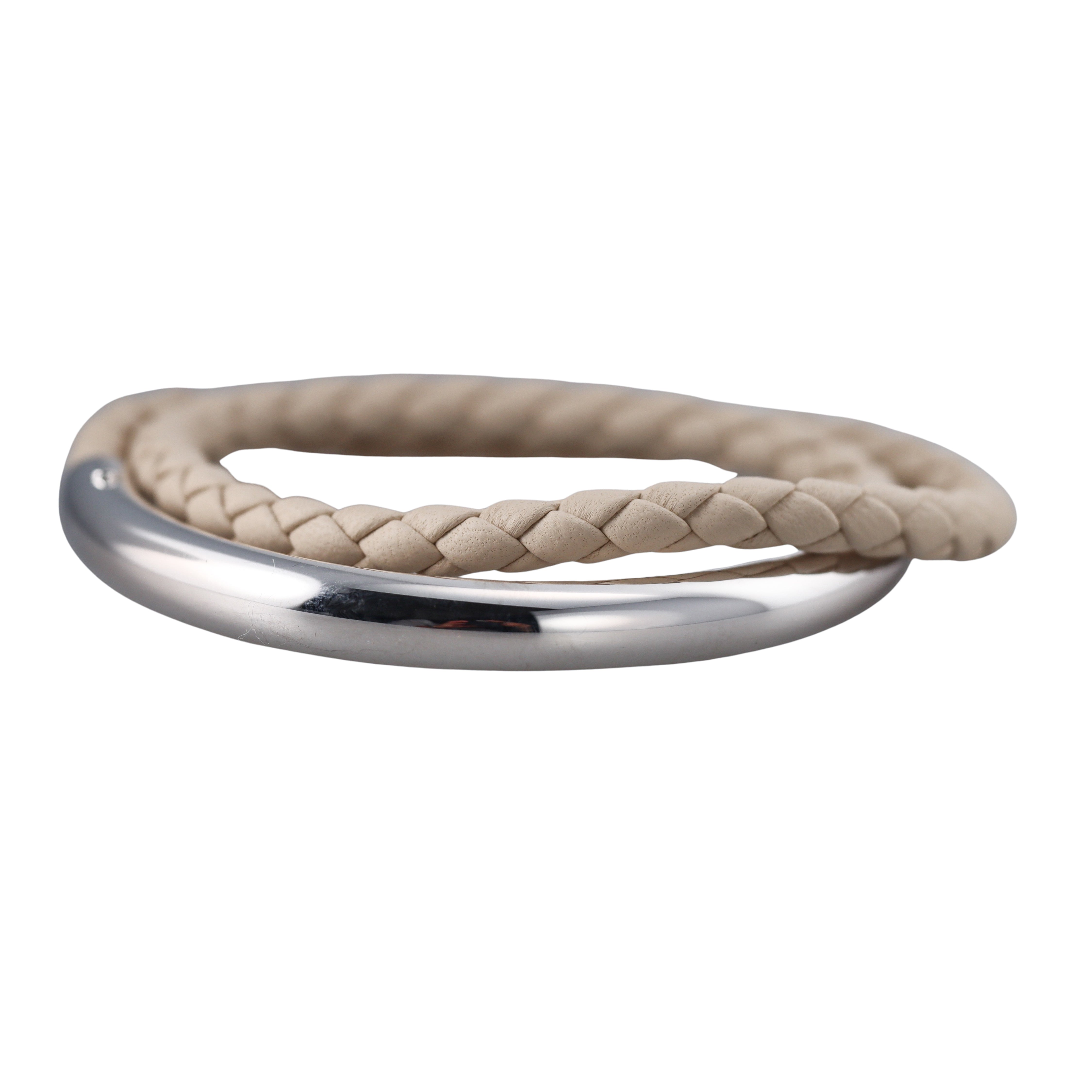 Christofle Sterling Silver Duo Complice Beige Leather Bracelet