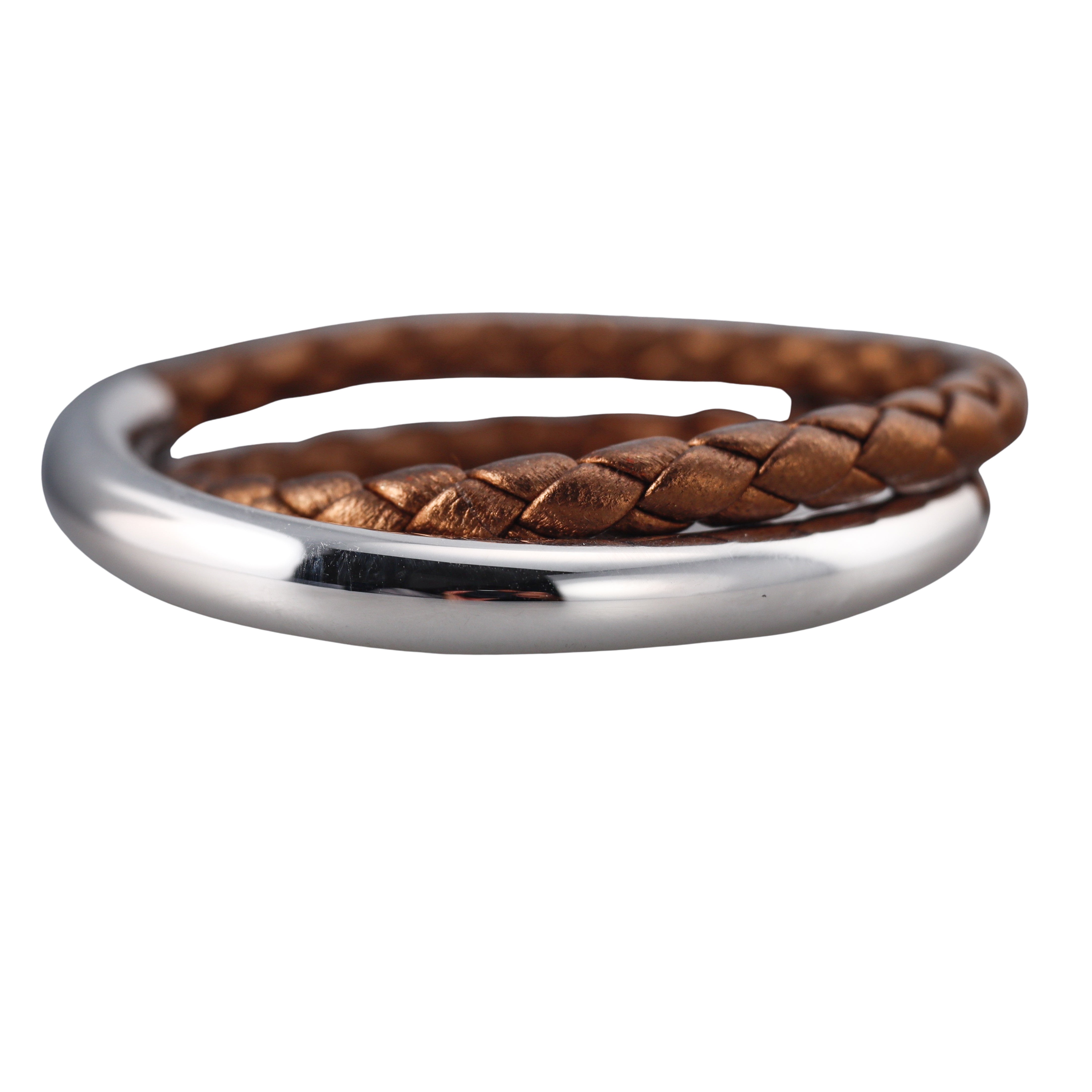 Christofle Sterling Silver Duo Complice Gold Brown Leather Bracelet