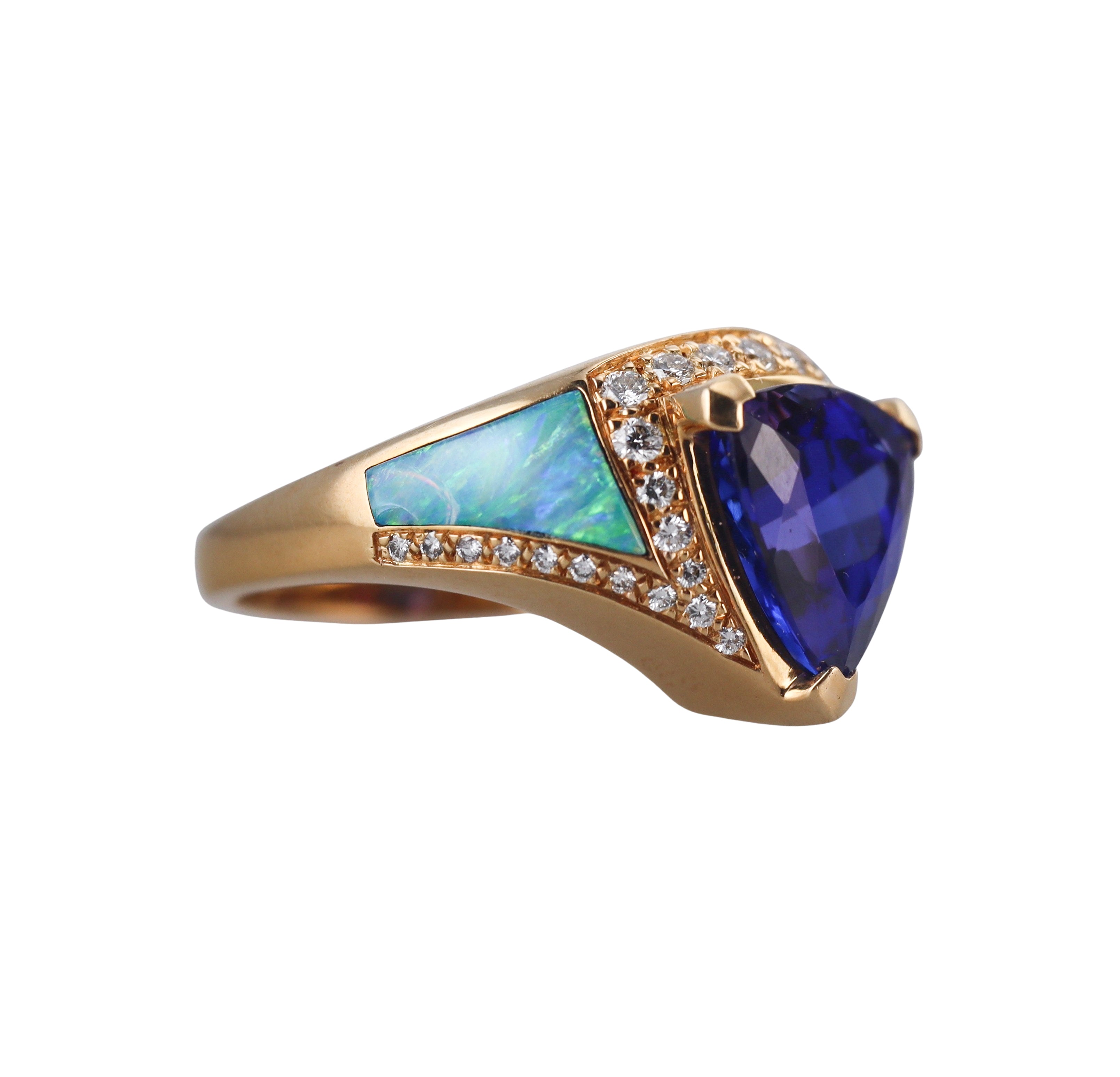Kabana Yellow Gold Diamond Tanzanite Opal Ring