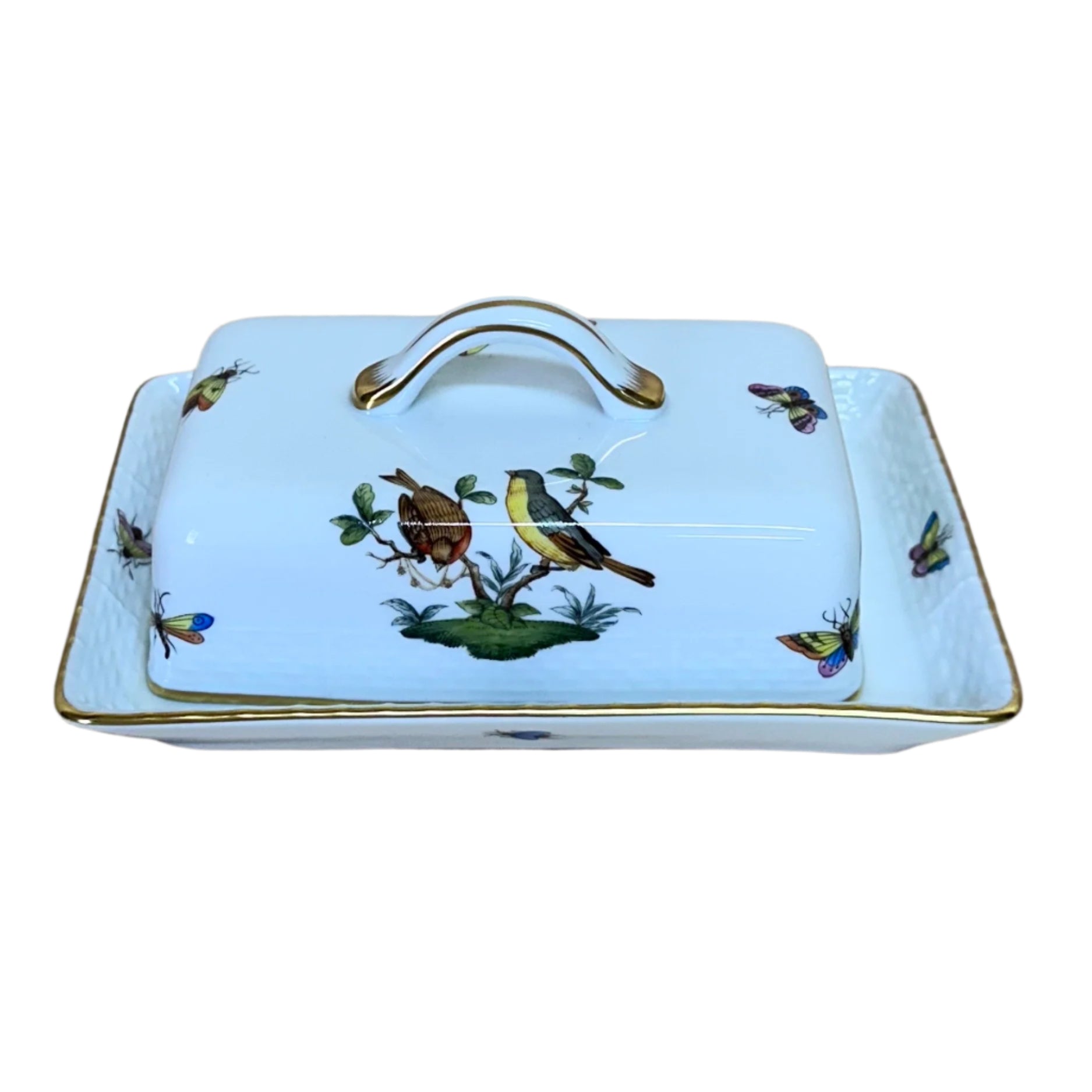 Herend Porcelain Rothschild Bird Rectangular Covered Butter Dish 389-2-00/RO 655