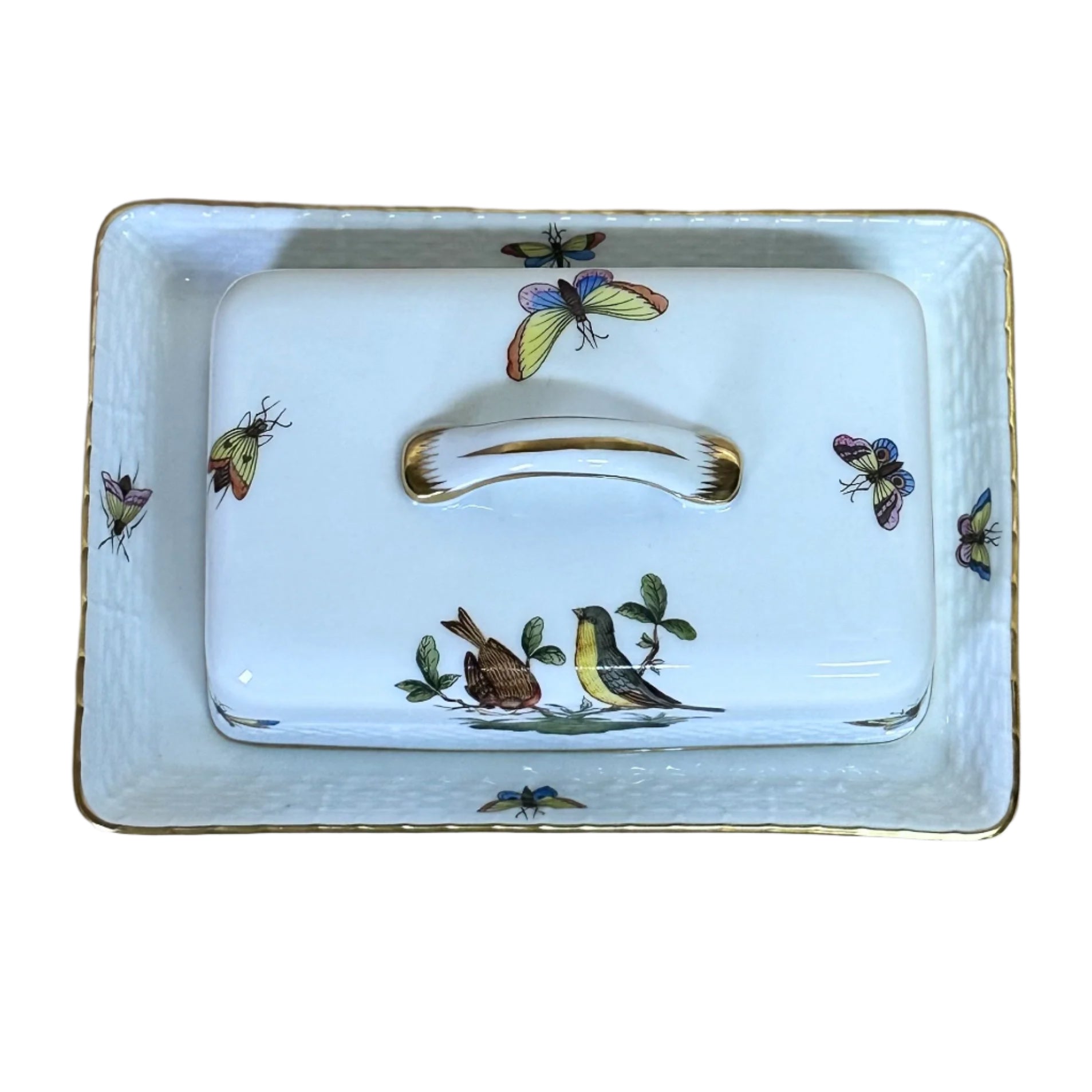 Herend Porcelain Rothschild Bird Rectangular Covered Butter Dish 389-2-00/RO 655
