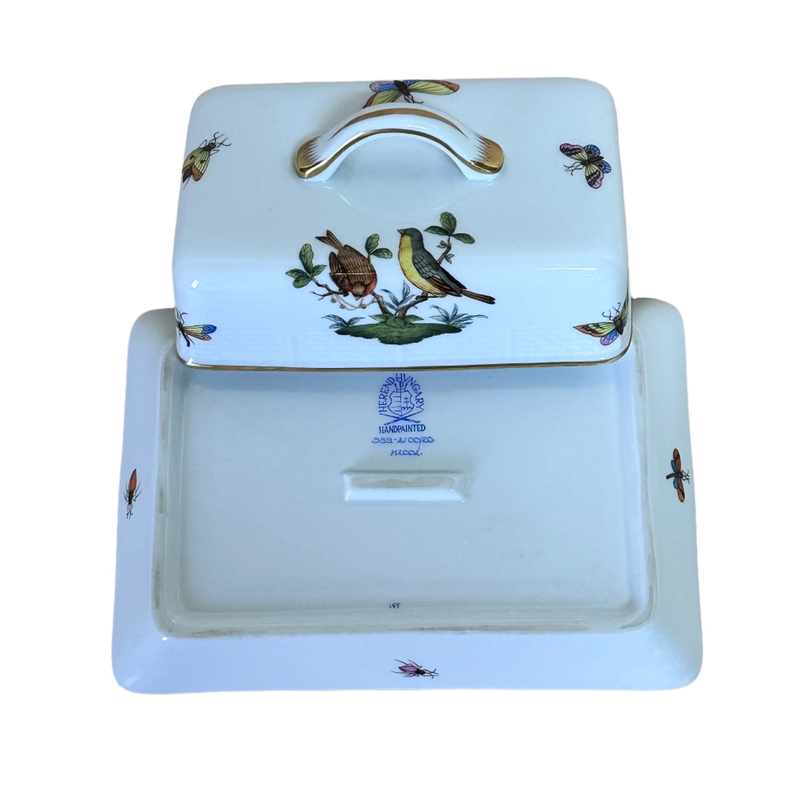 Herend Porcelain Rothschild Bird Rectangular Covered Butter Dish 389-2-00/RO 655