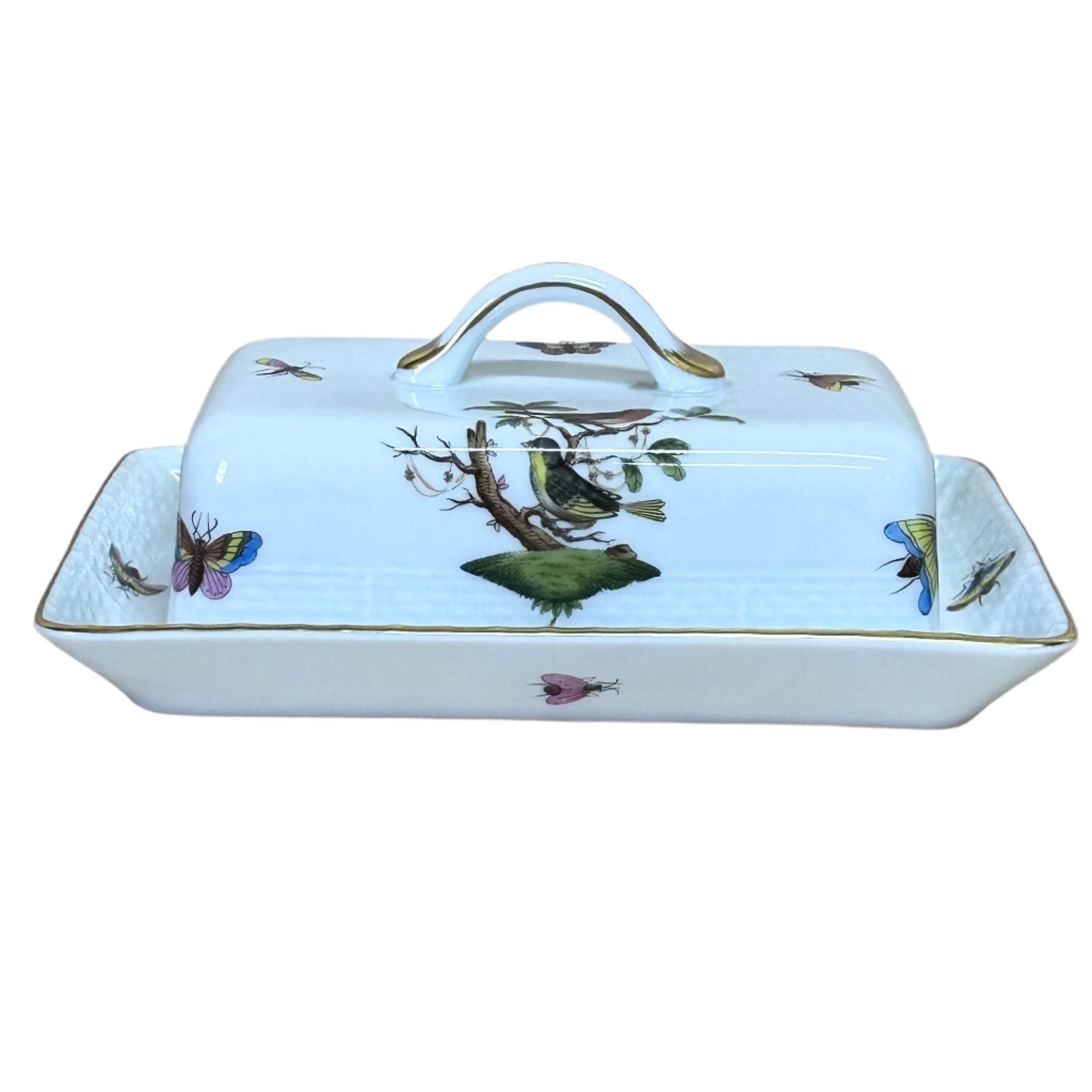 Herend Porcelain Rothschild Bird Rectangular Covered Butter Dish 389-2-00/RO 693