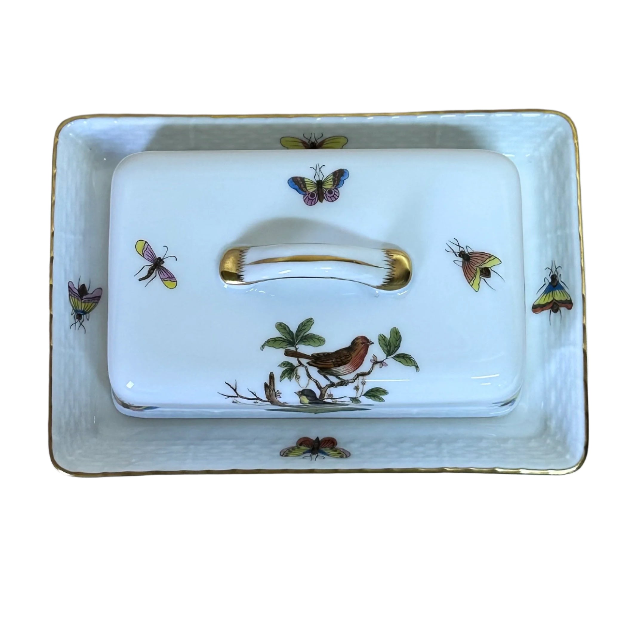 Herend Porcelain Rothschild Bird Rectangular Covered Butter Dish 389-2-00/RO 693