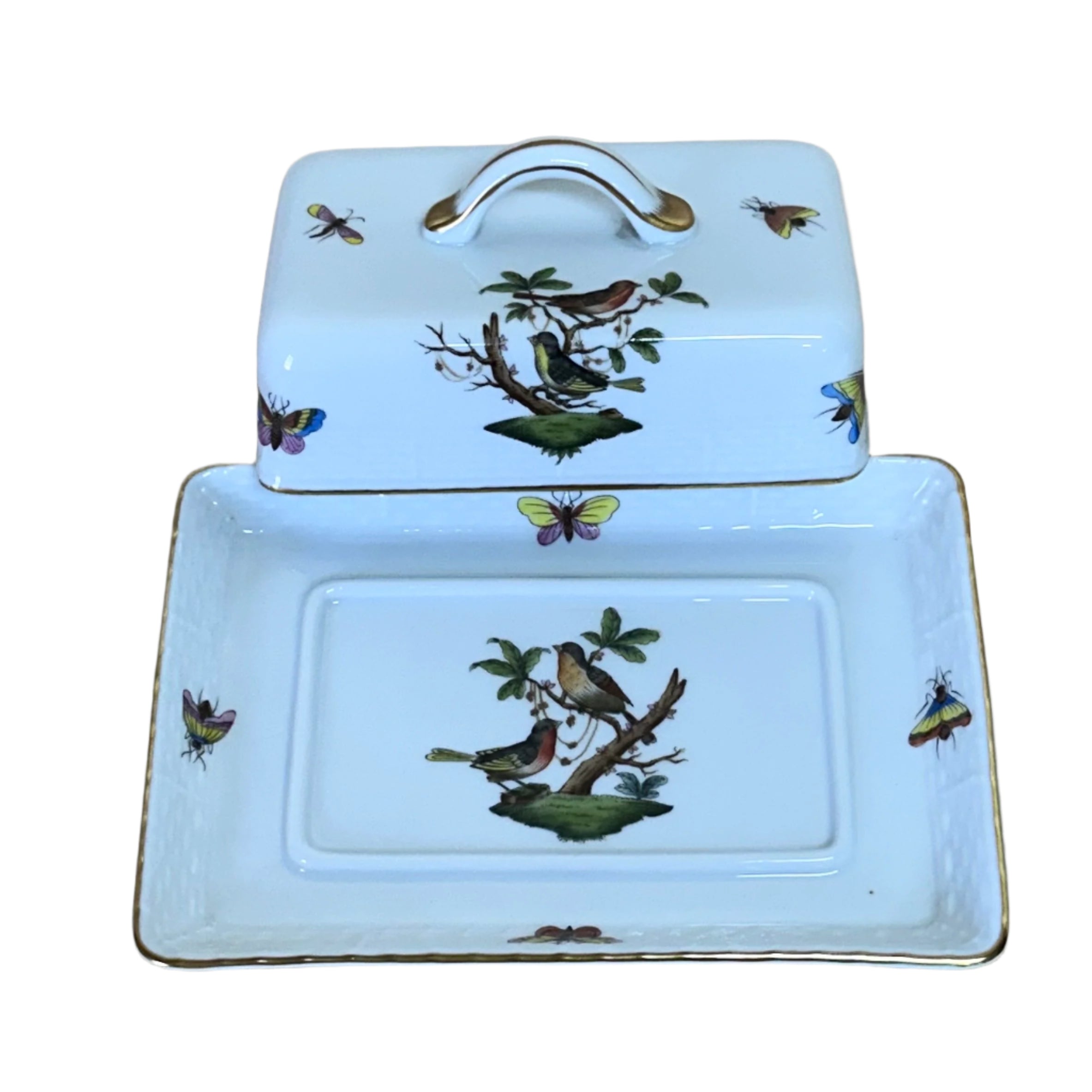 Herend Porcelain Rothschild Bird Rectangular Covered Butter Dish 389-2-00/RO 693