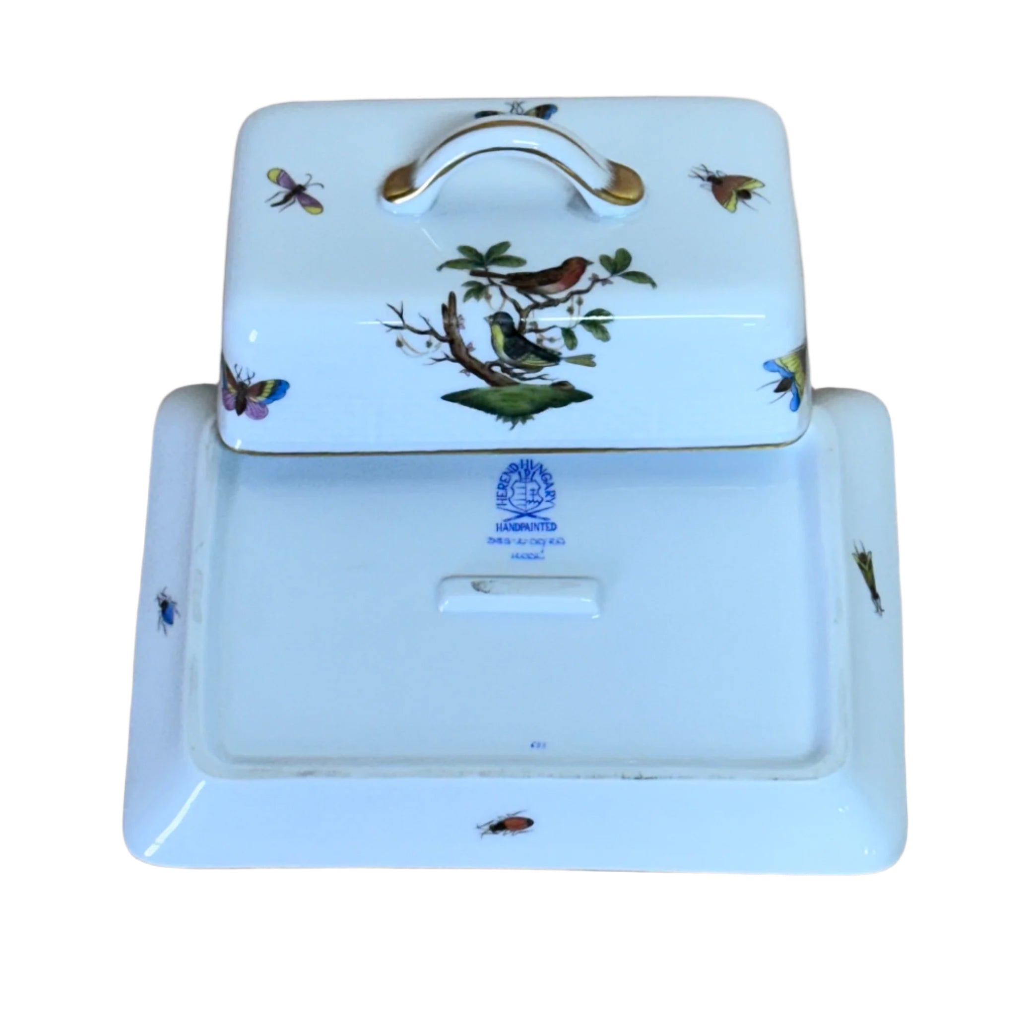 Herend Porcelain Rothschild Bird Rectangular Covered Butter Dish 389-2-00/RO 693