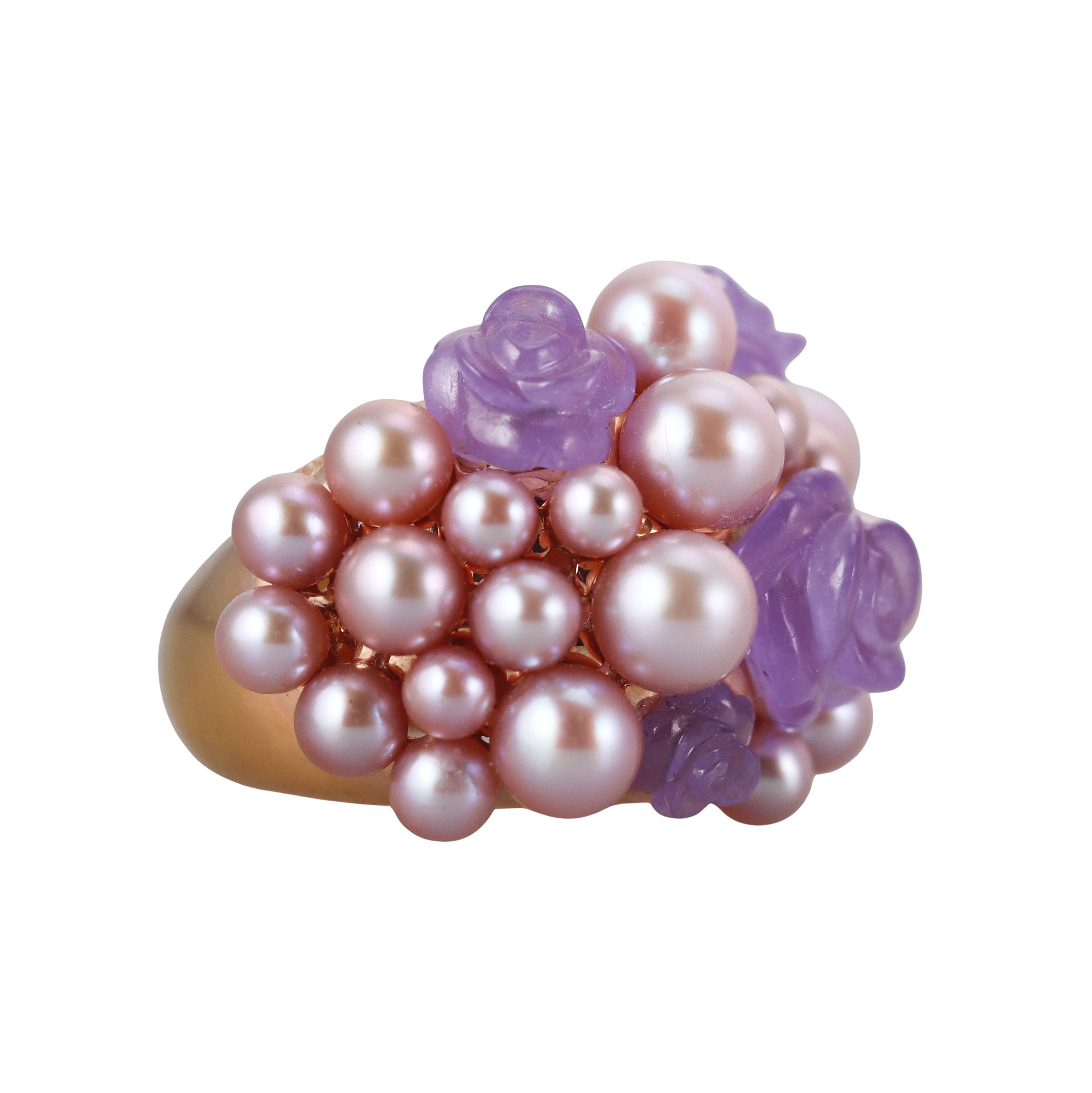 Mimi Milano Grace Rose Gold Lavender Jade Pearl Cocktail Flower Ring