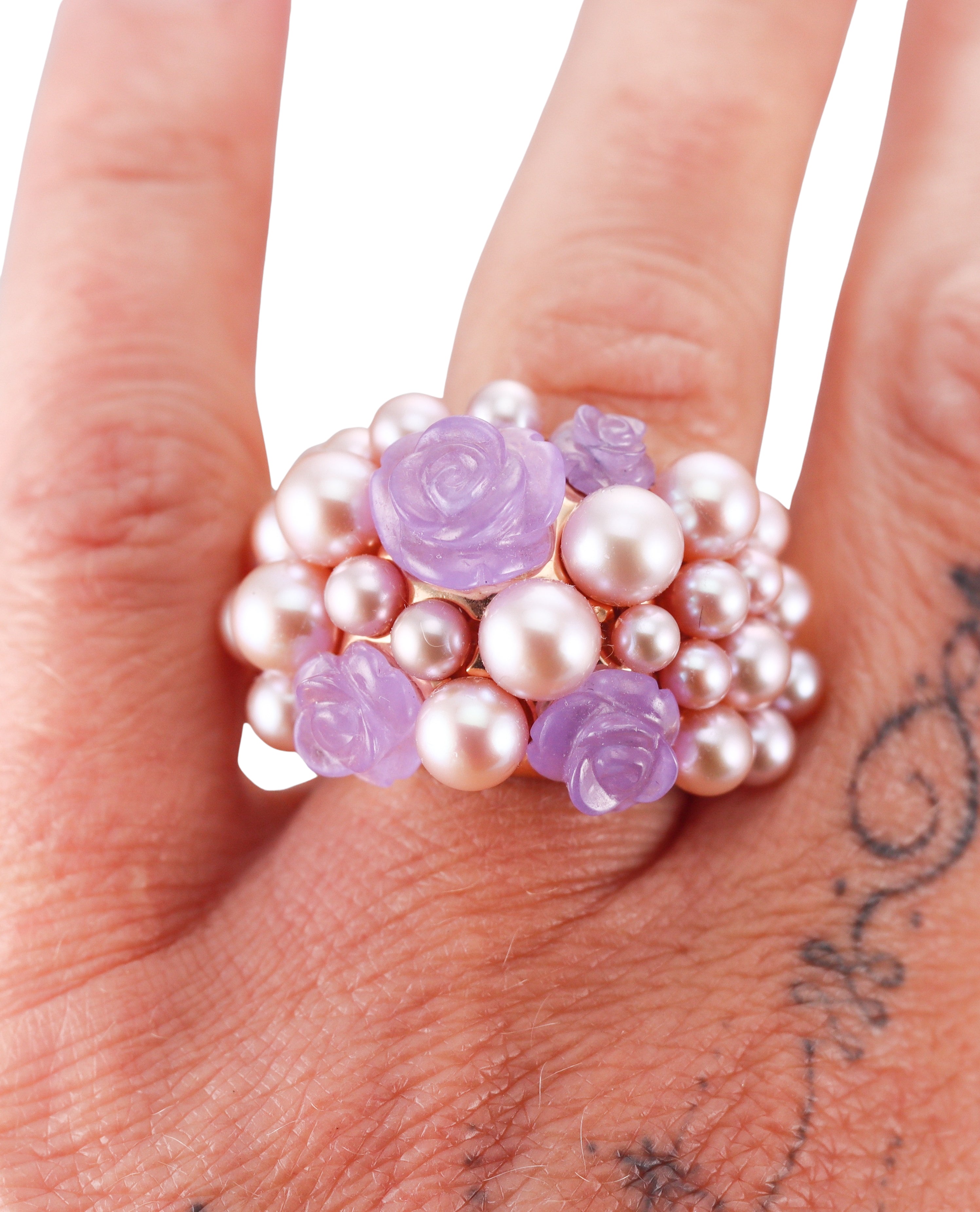 Mimi Milano Grace Rose Gold Lavender Jade Pearl Cocktail Flower Ring