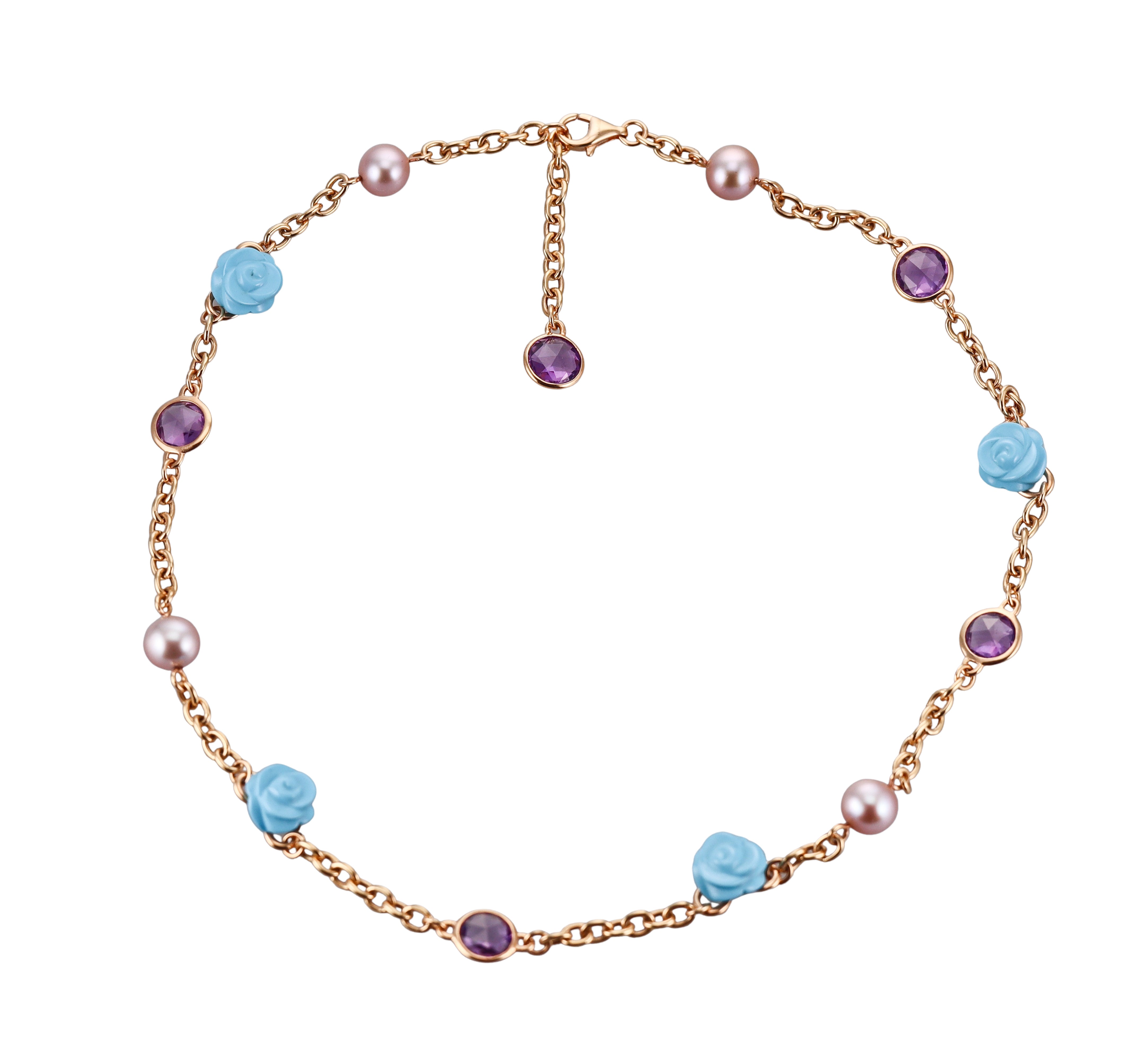 Mimi Milano Grace Rose Gold Turquoise Pearl Amethyst Necklace