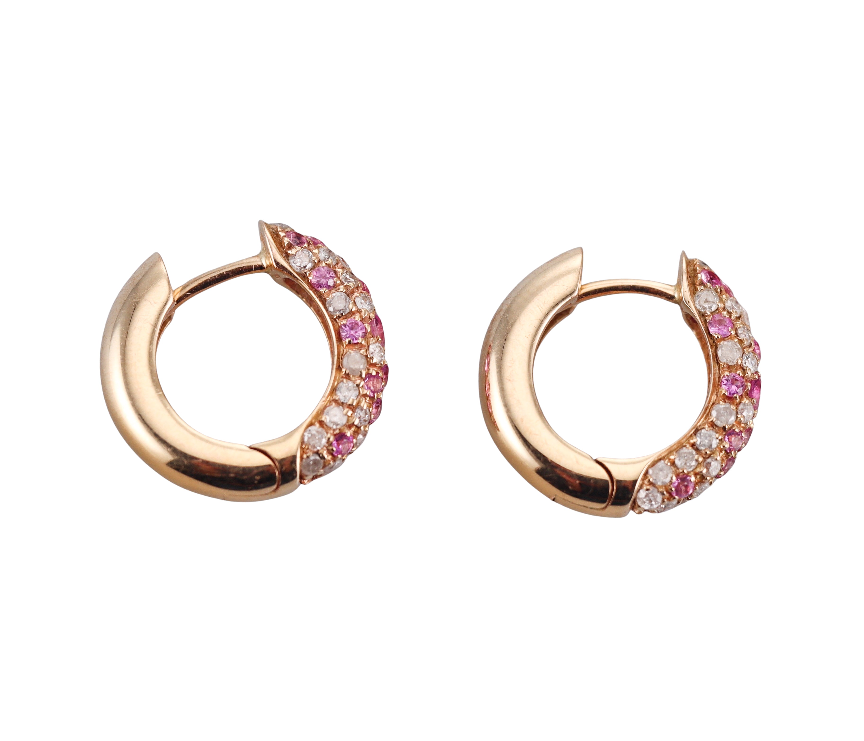 Italian 18k Gold Diamond Pink Sapphire Small Hoop Earrings