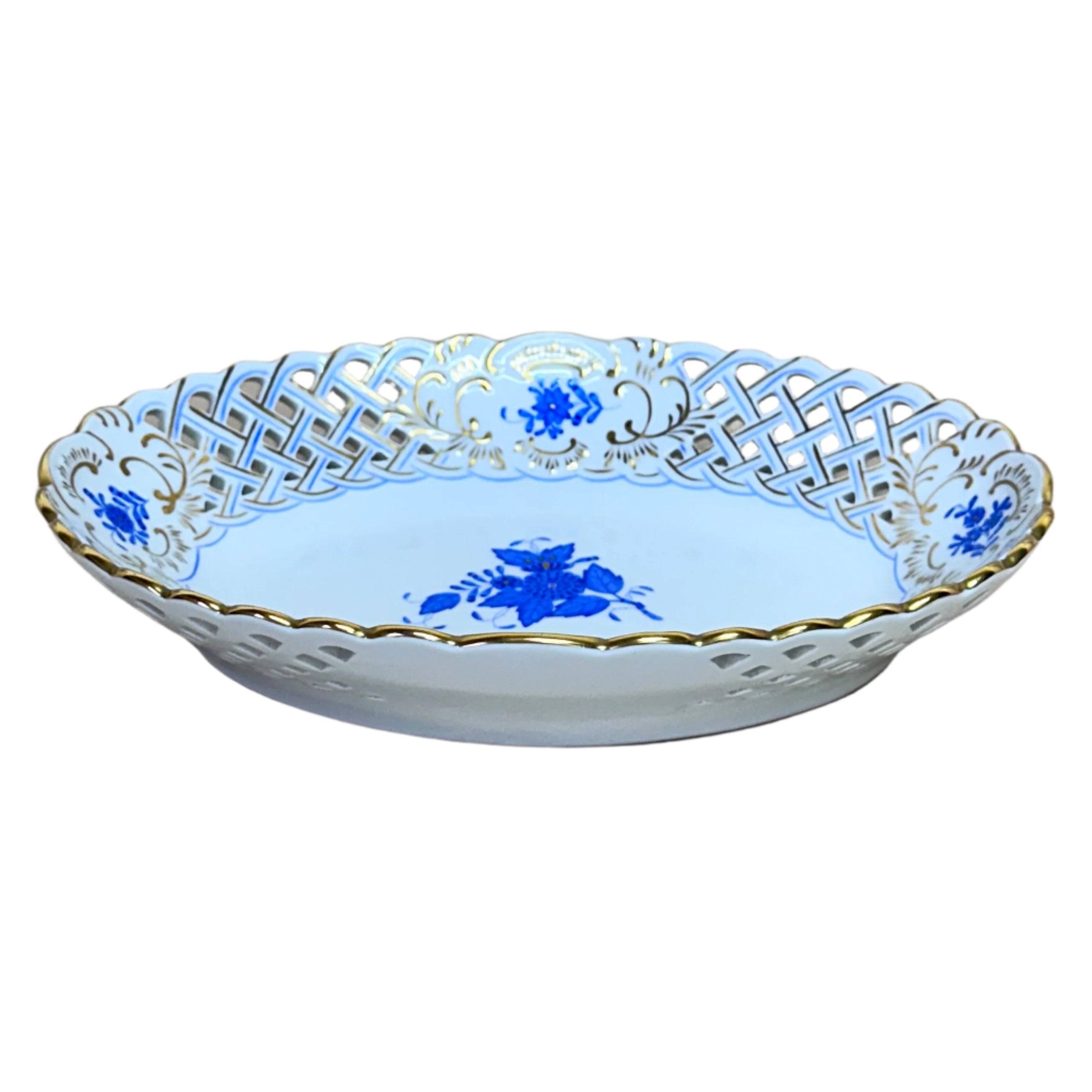Herend Porcelain Chinese Bouquet Blue Oval Openwork Basket Bowl 735/AB