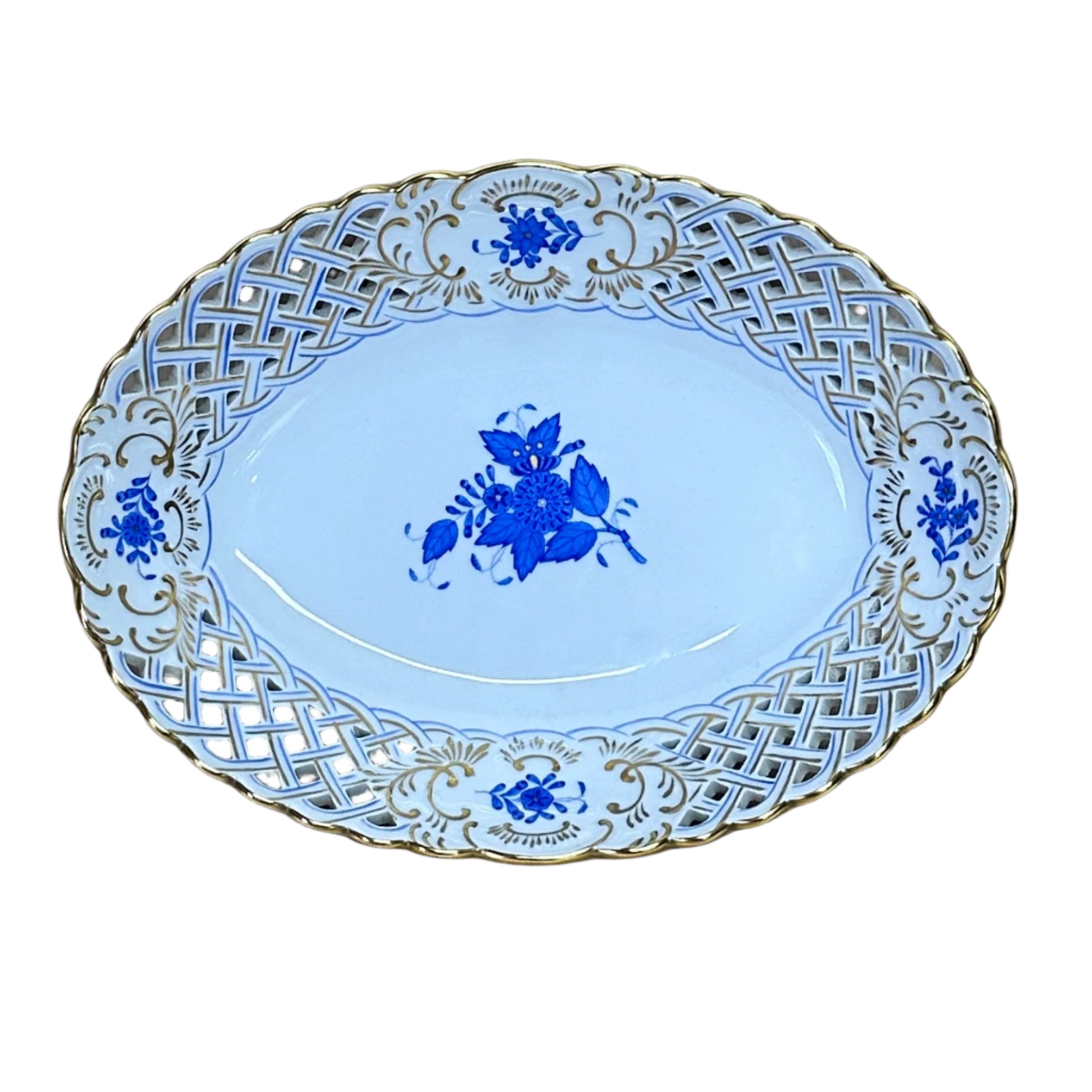 Herend Porcelain Chinese Bouquet Blue Oval Openwork Basket Bowl 735/AB