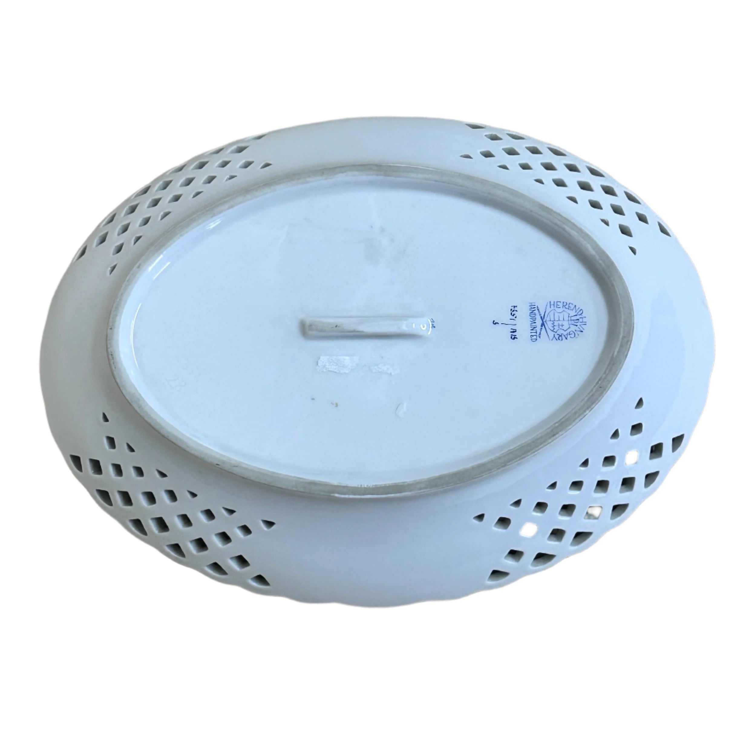 Herend Porcelain Chinese Bouquet Blue Oval Openwork Basket Bowl 735/AB