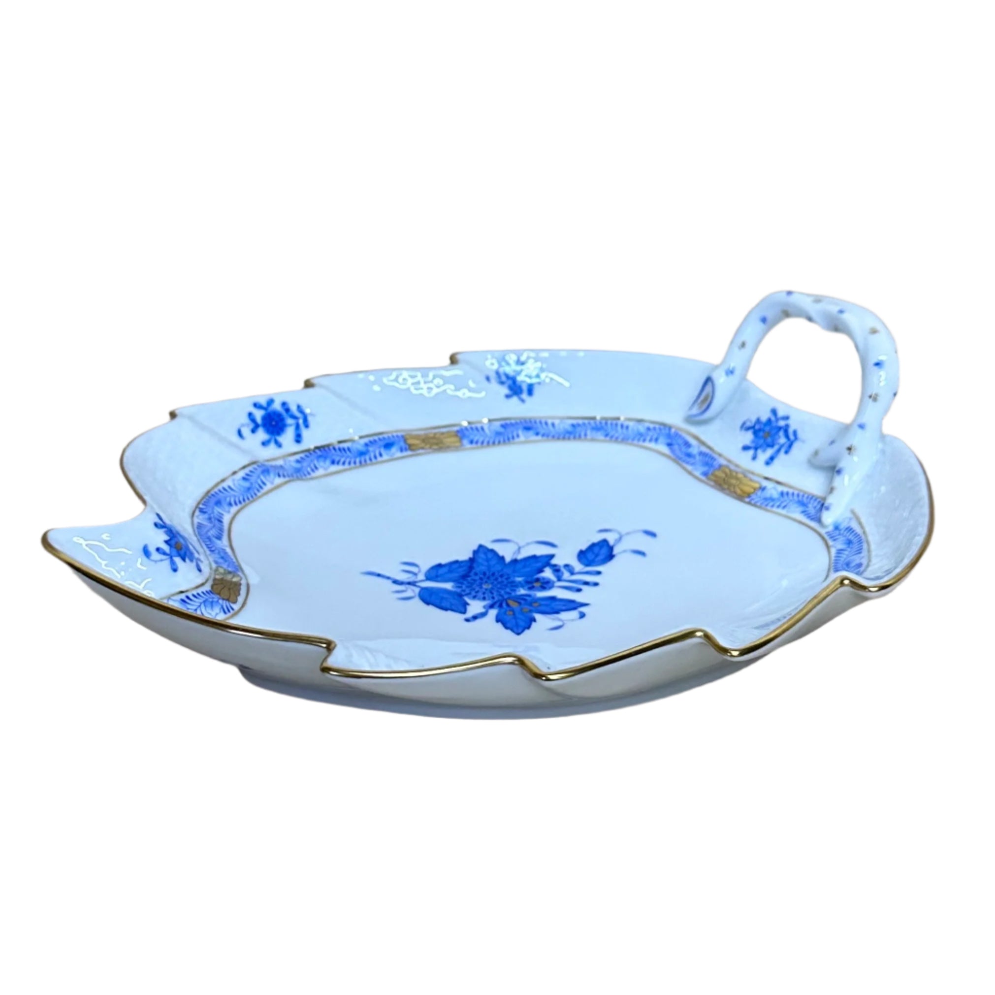 Herend Porcelain Chinese Bouquet Blue Gold Leaf Dish 201-0-00/AB