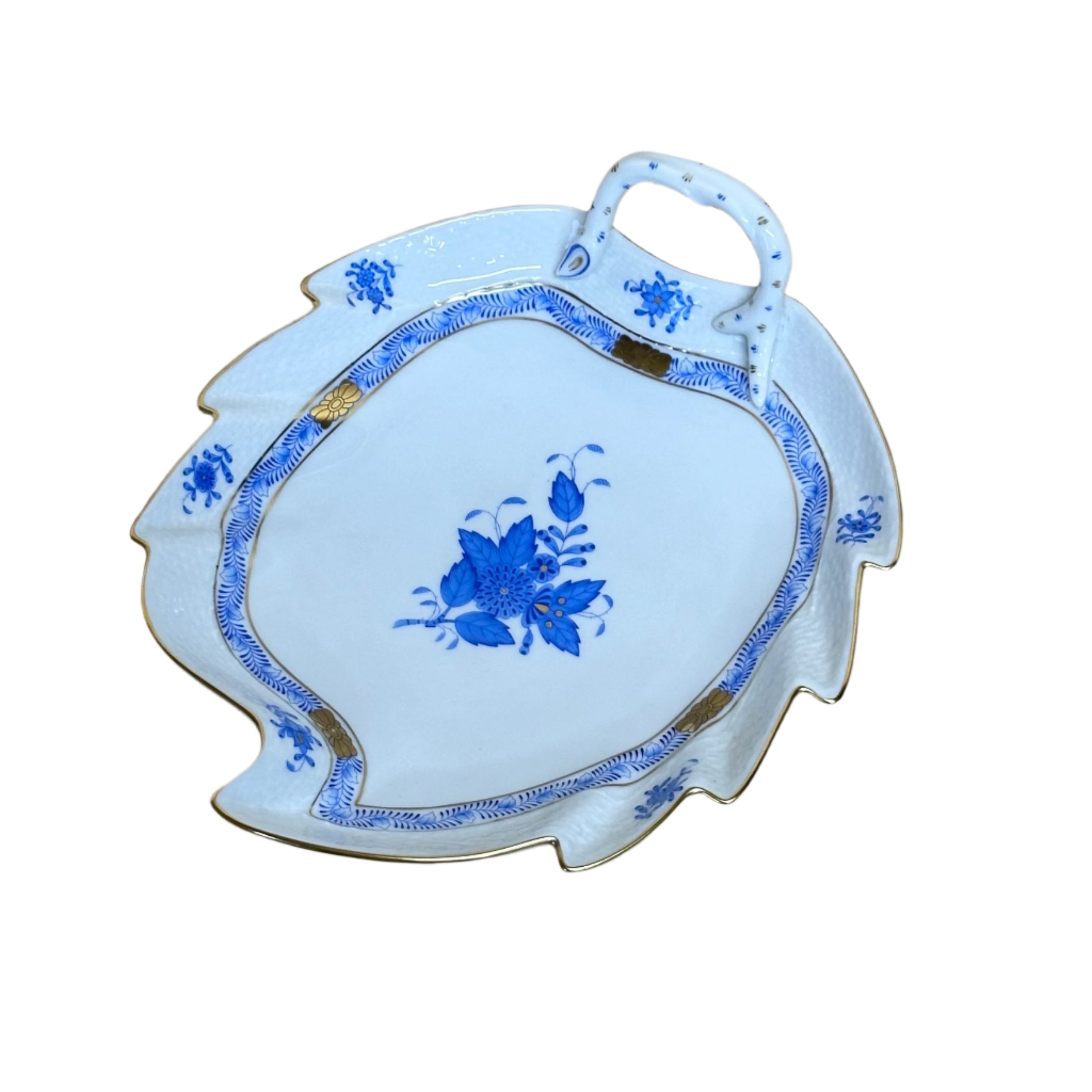 Herend Porcelain Chinese Bouquet Blue Gold Leaf Dish 201-0-00/AB