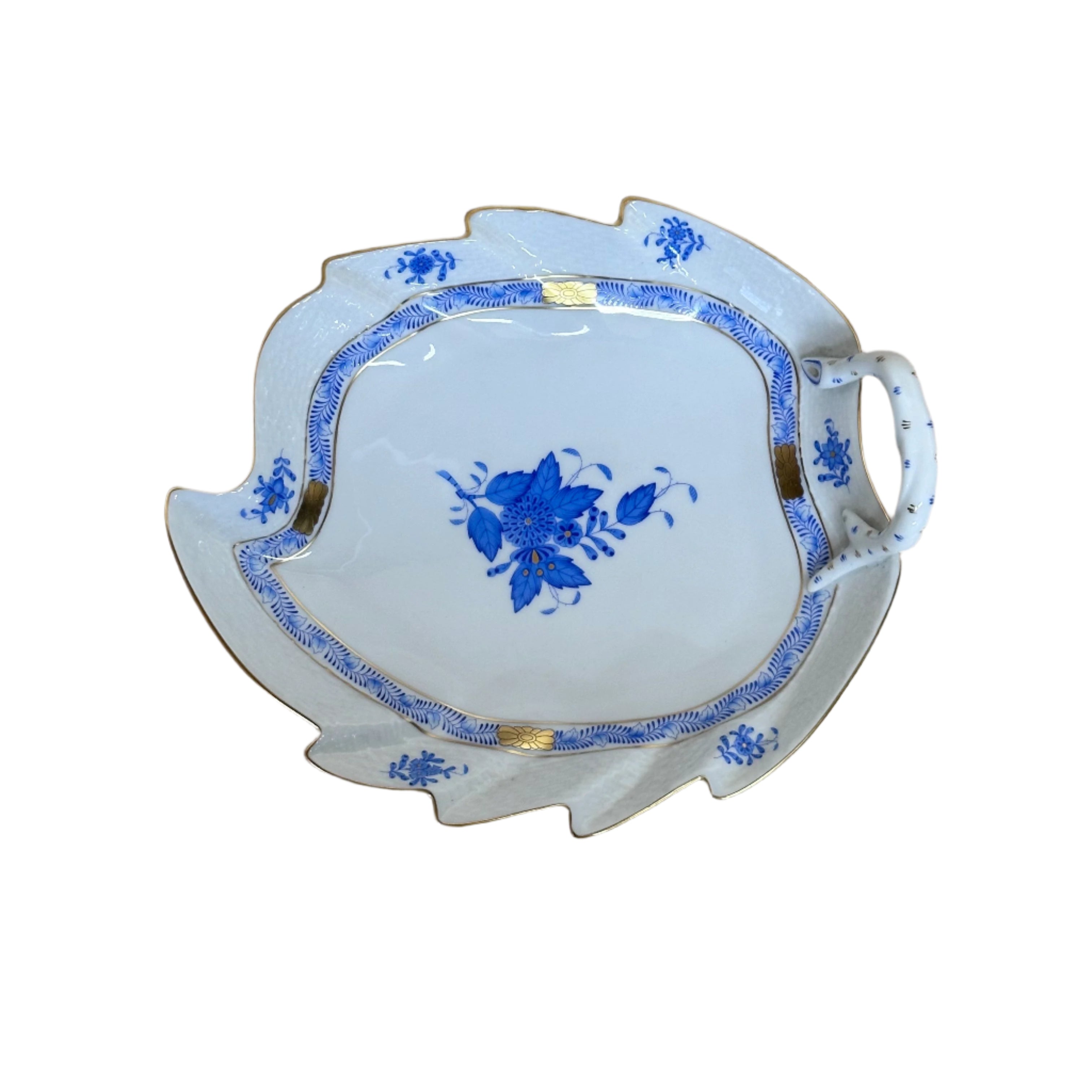 Herend Porcelain Chinese Bouquet Blue Gold Leaf Dish 201-0-00/AB