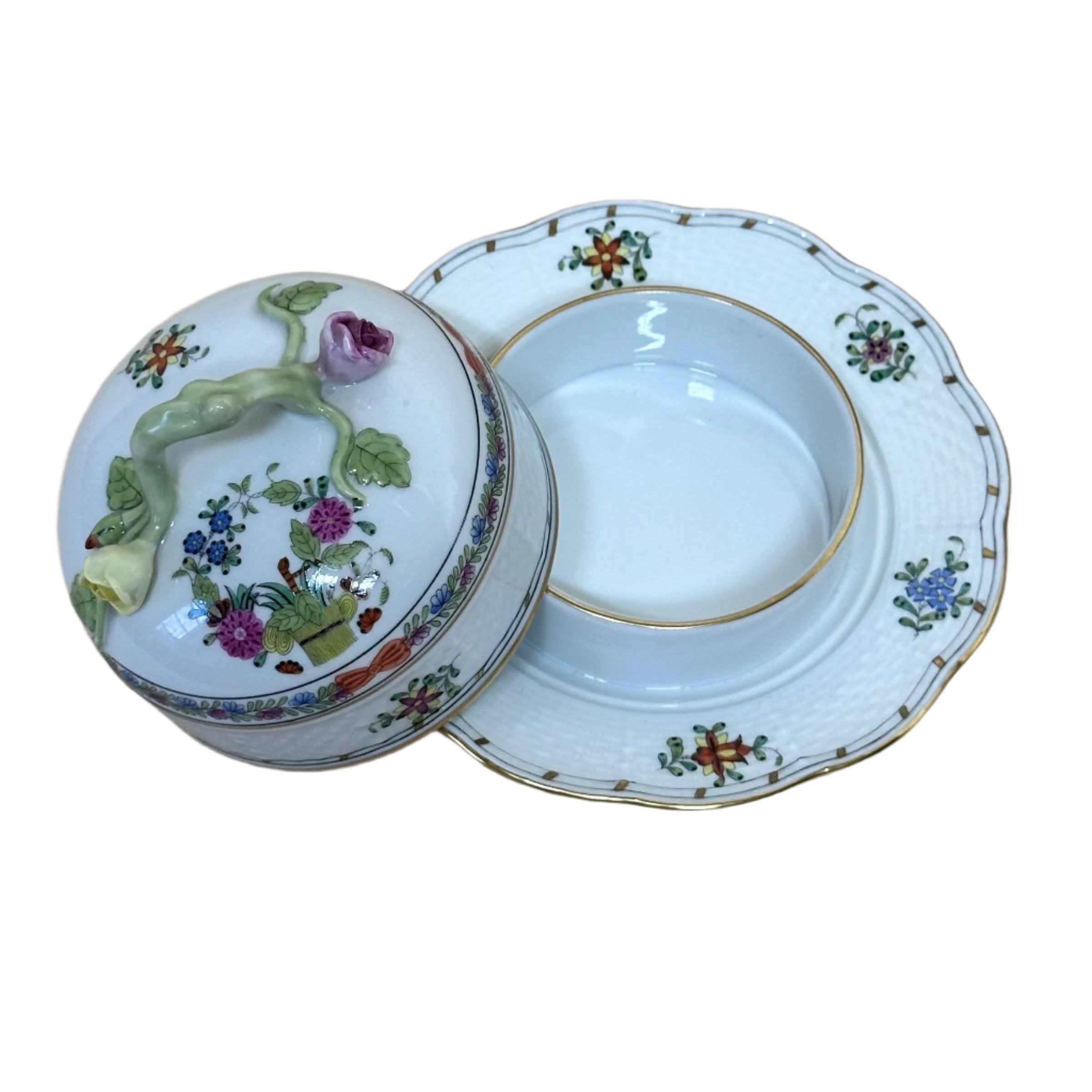 Herend Indian Basket Round Covered Butter Dish 393/FD