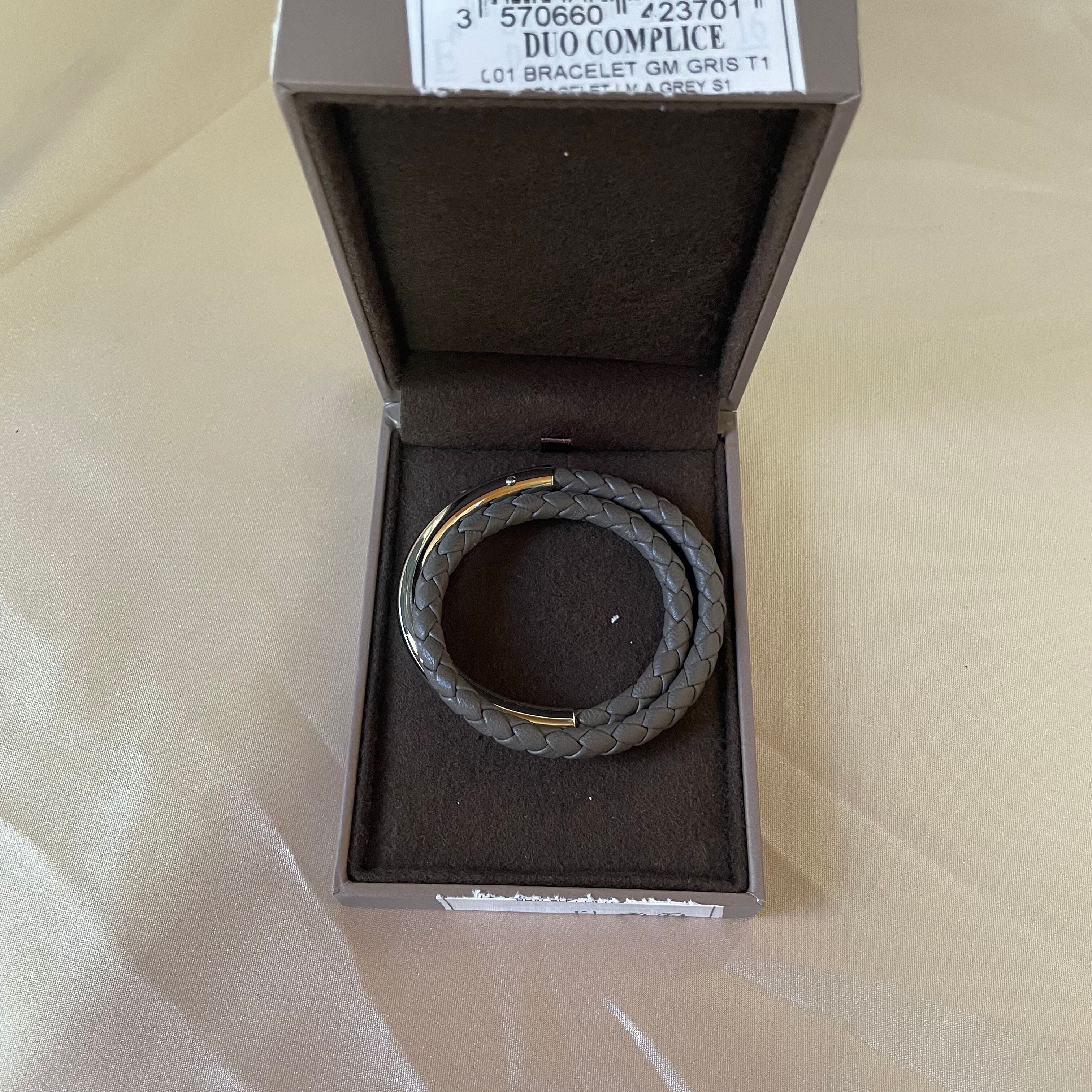 Christofle Sterling Silver Duo Complice Gray Leather Bracelet