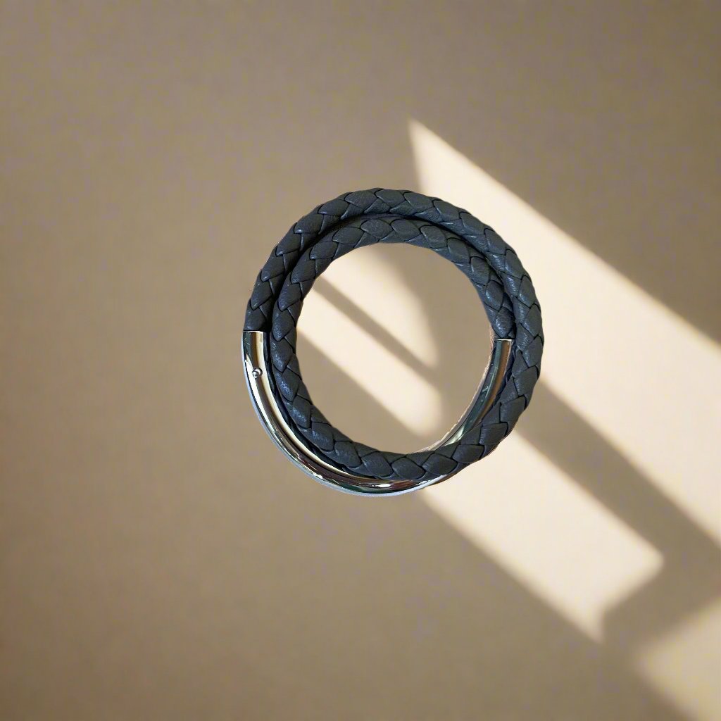 Christofle Sterling Silver Duo Complice Gray Leather Bracelet