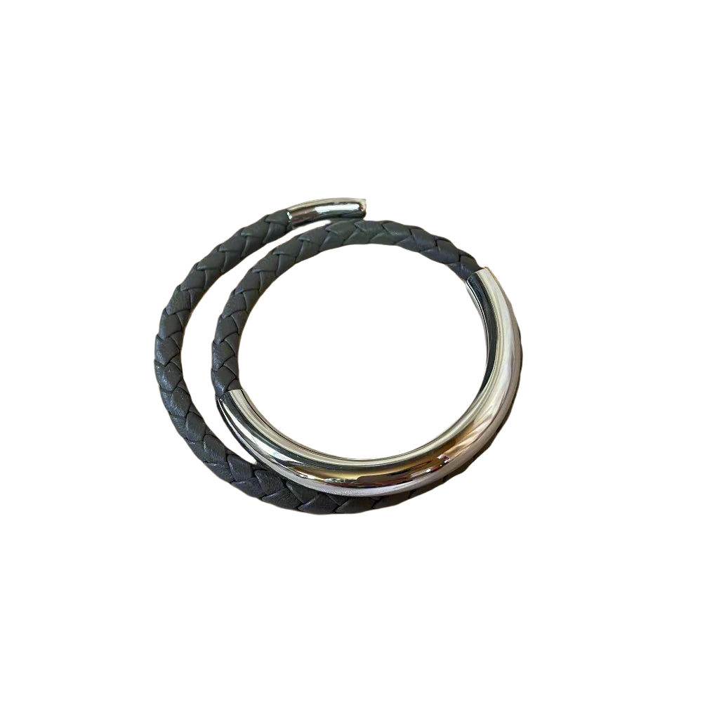 Christofle Sterling Silver Duo Complice Gray Leather Bracelet