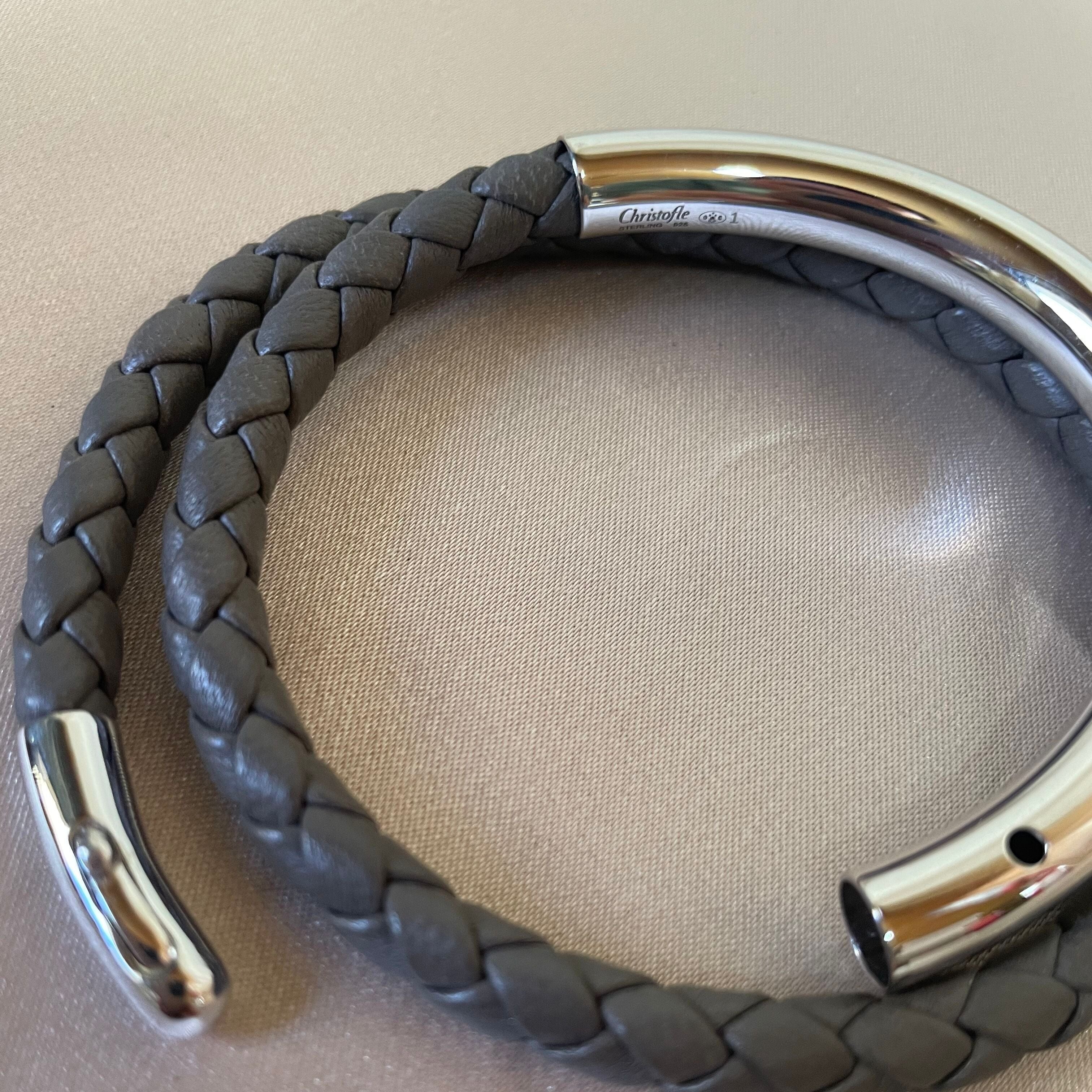 Christofle Sterling Silver Duo Complice Gray Leather Bracelet