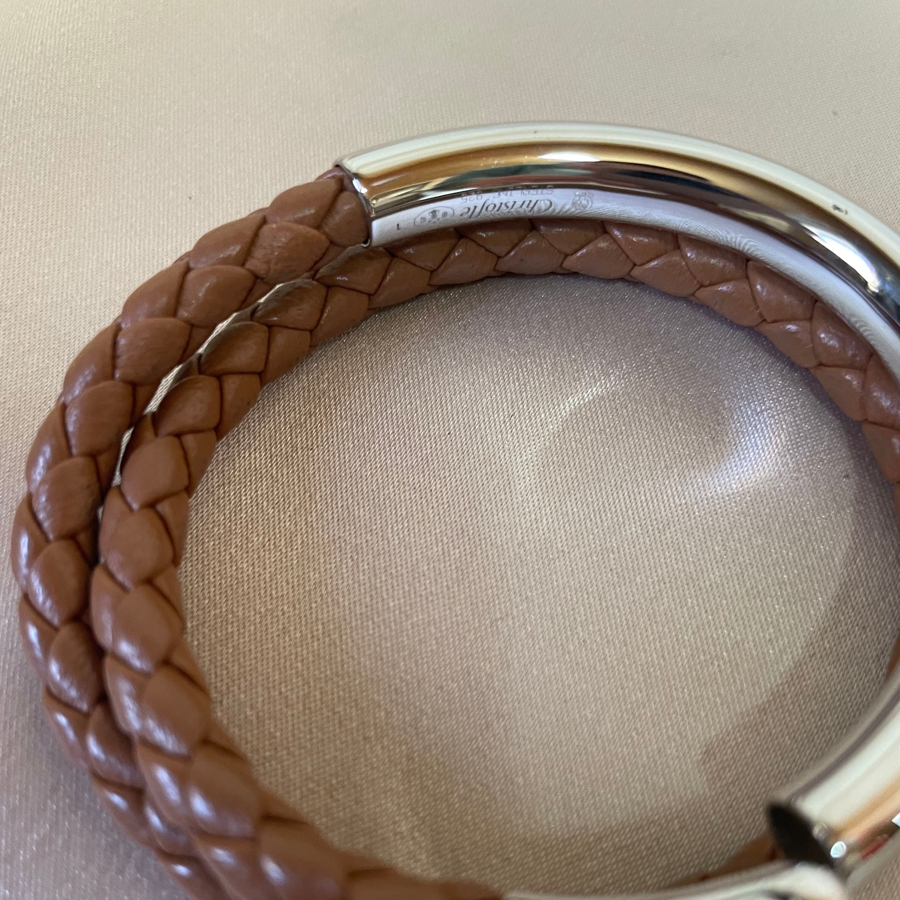 Christofle Sterling Silver Duo Complice Brown Leather Bracelet
