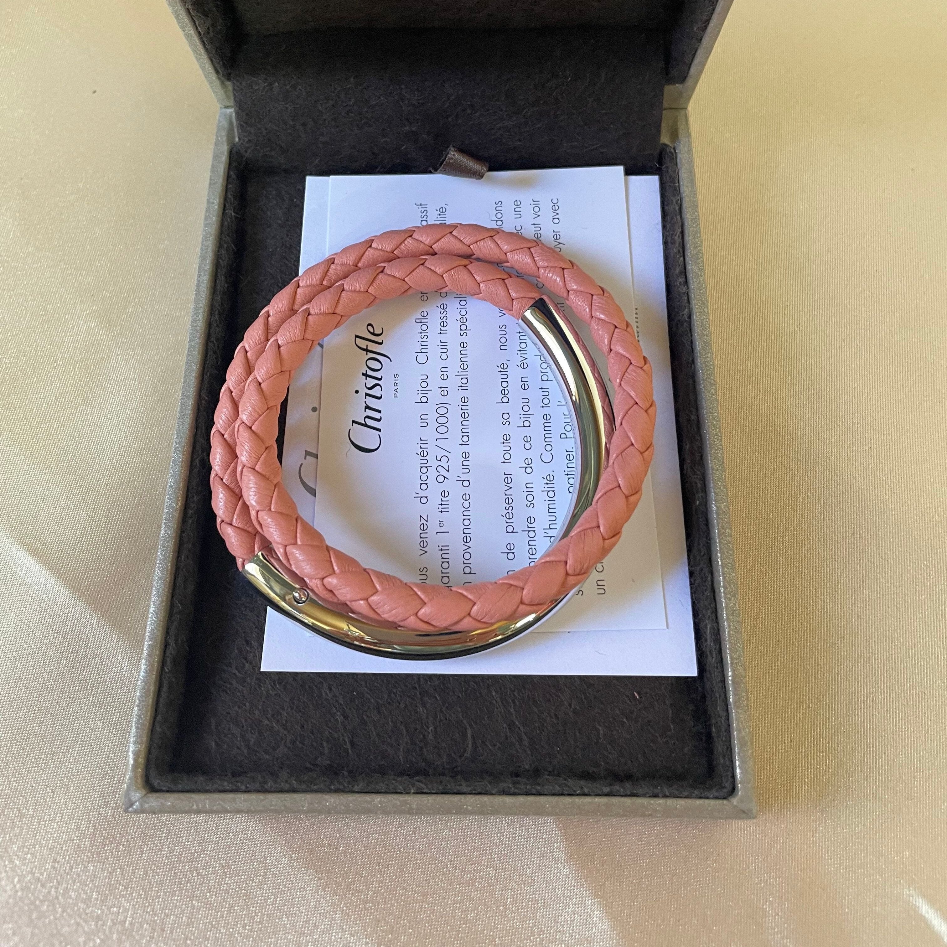Christofle Sterling Silver Duo Complice Pink Leather Bracelet