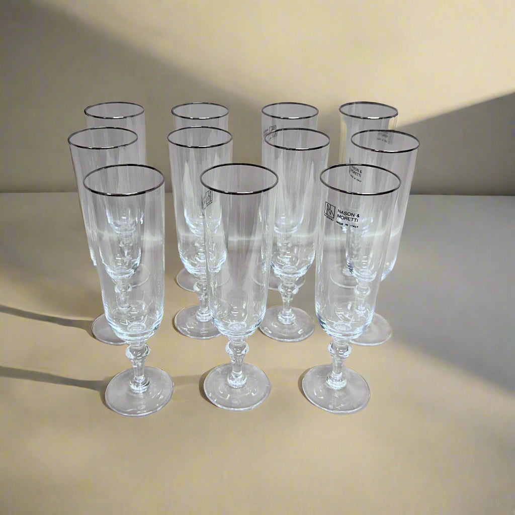 Nason & Moretti Murano Gold Clear Champagne Flutes Glass Set of 11