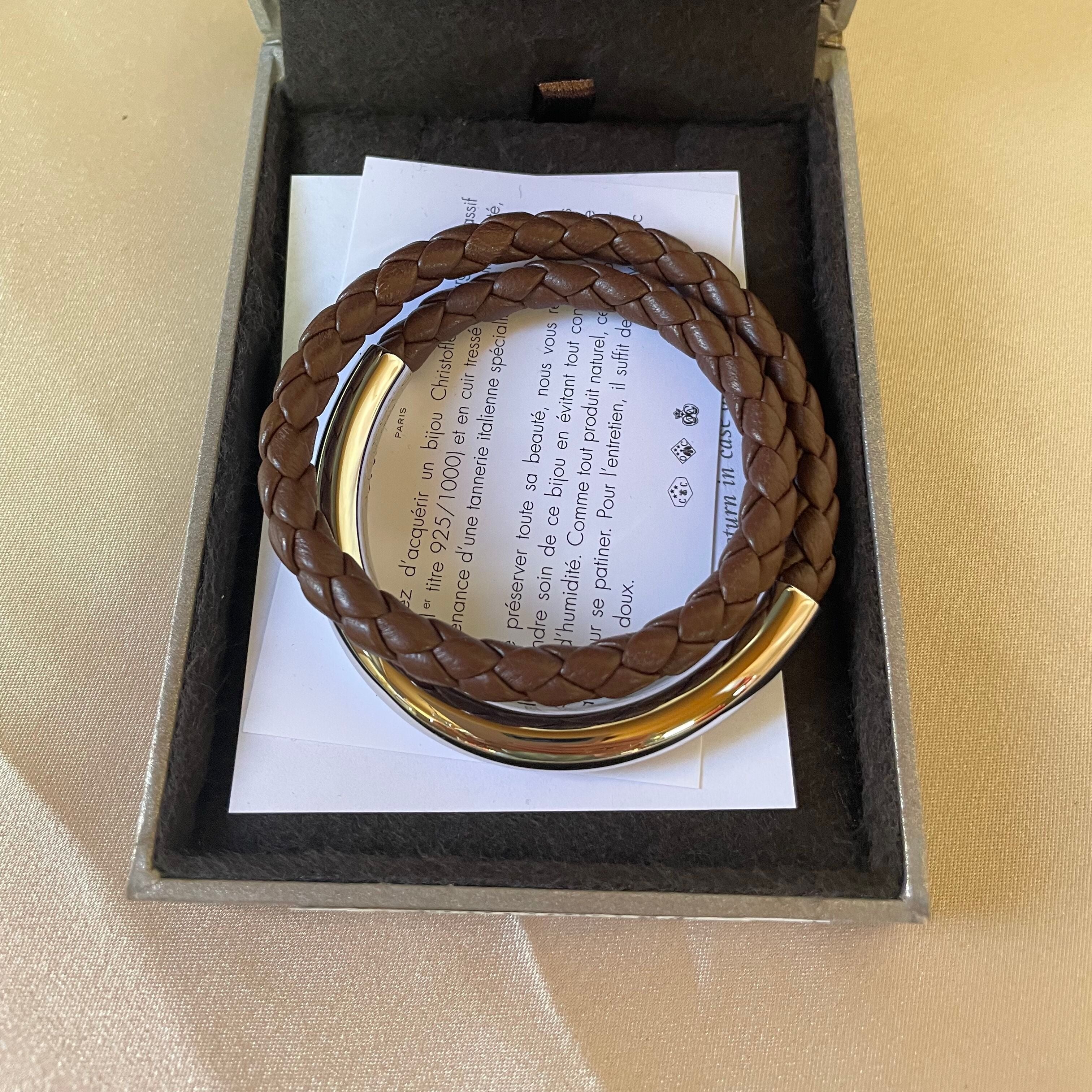 Christofle Sterling Silver Duo Complice Dark Brown Leather Bracelet