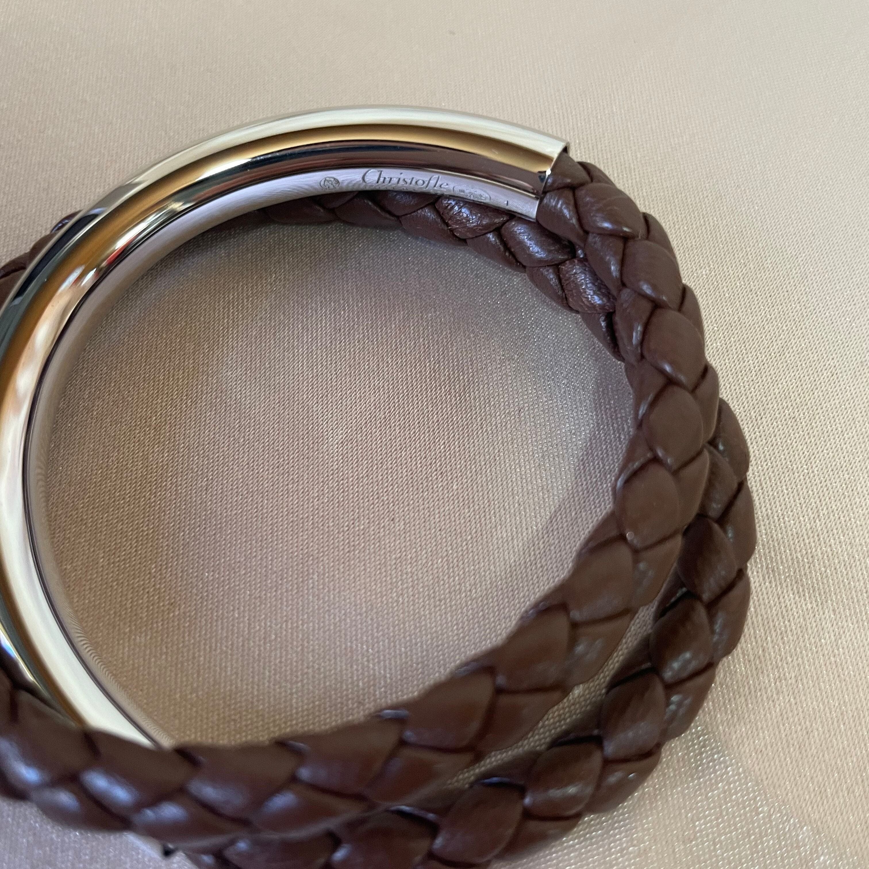 Christofle Sterling Silver Duo Complice Dark Brown Leather Bracelet
