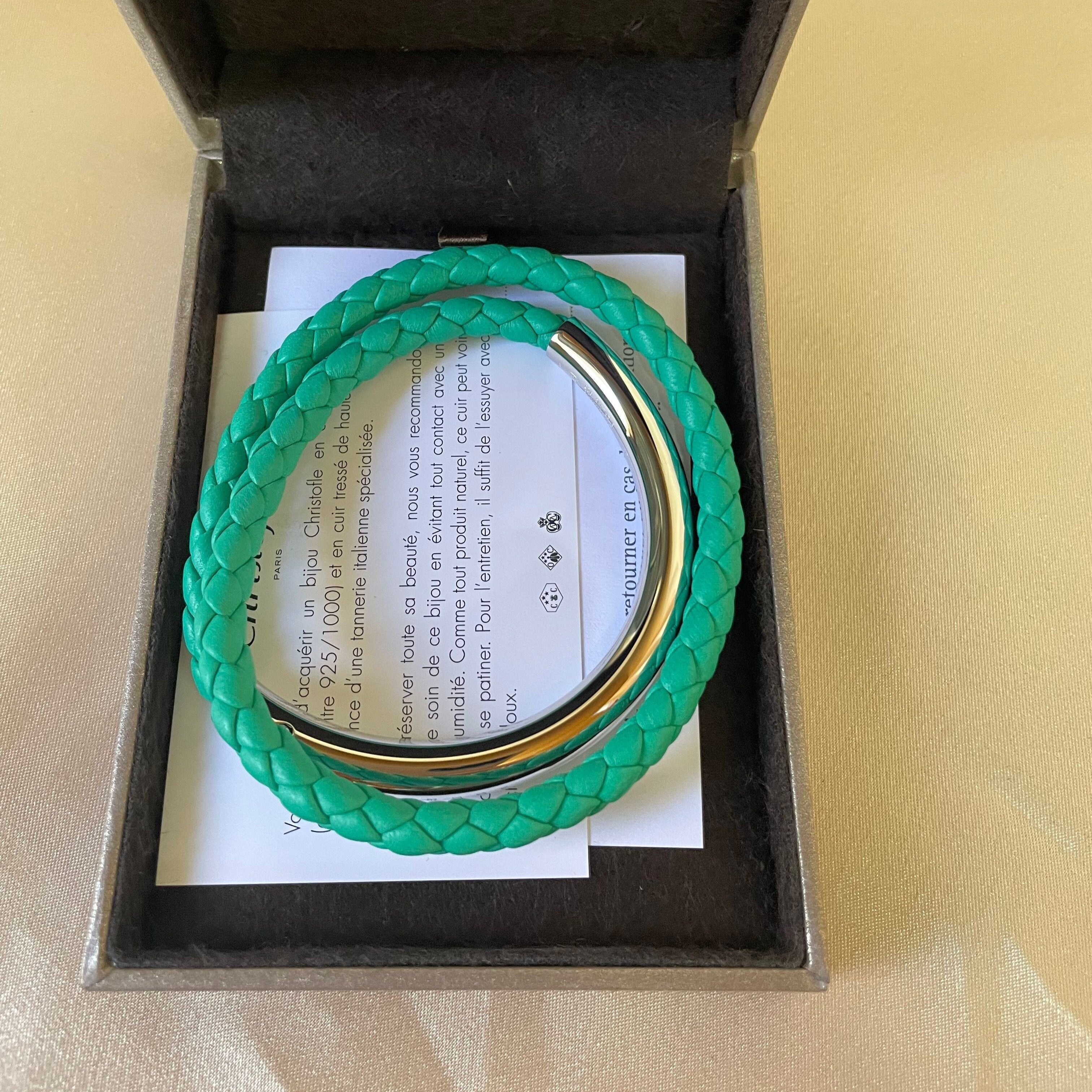 Christofle Sterling Silver Duo Complice Green Leather Bracelet