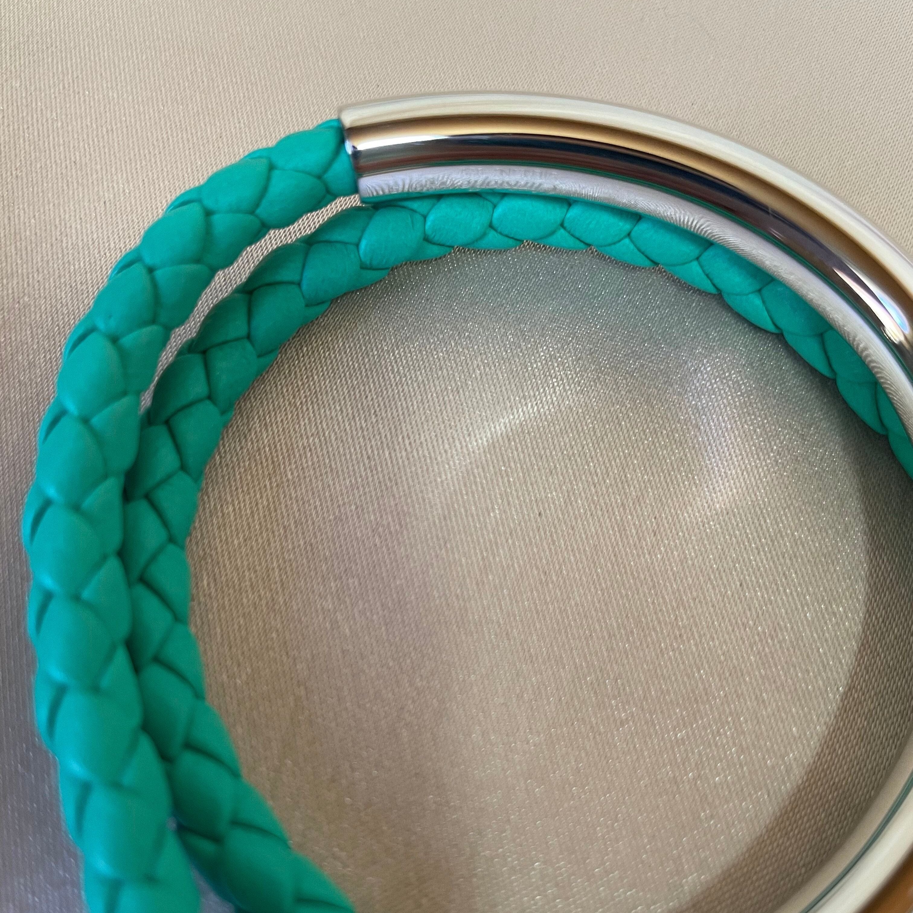 Christofle Sterling Silver Duo Complice Green Leather Bracelet