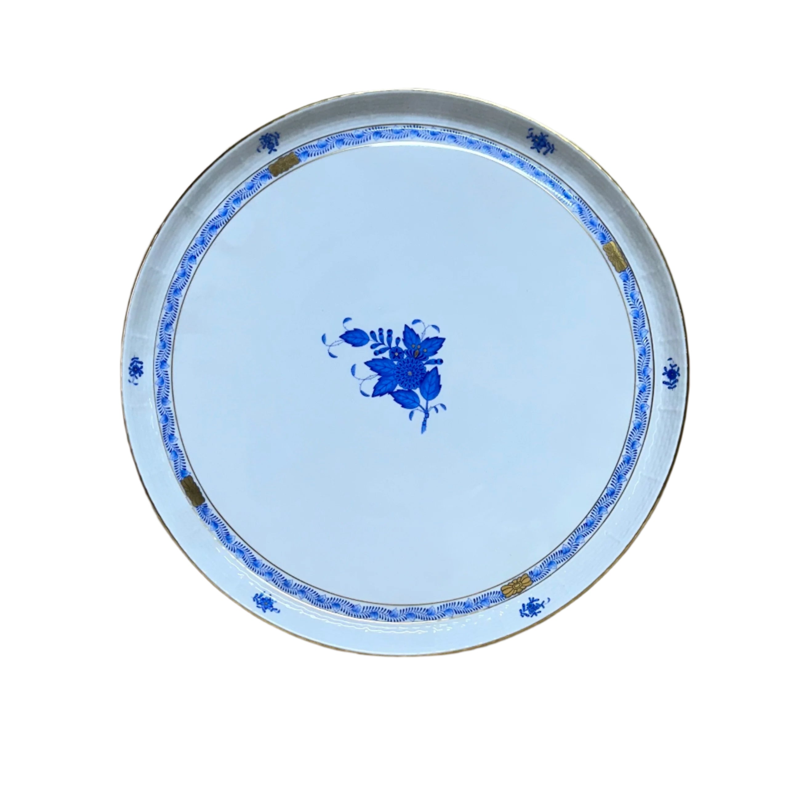 Herend Porcelain Chinese Bouquet Gold Blue Round Service Plate Platter Tray 438-0-00/AB