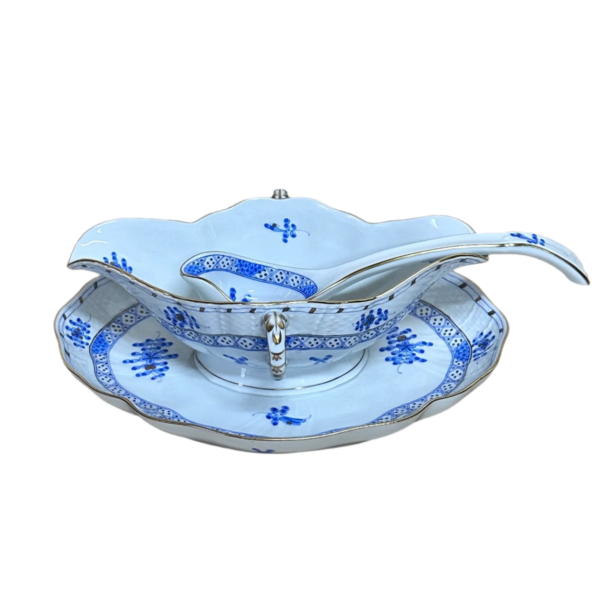Herend Porcelain Blue Garden Gravy Boat with Attached Underplate & Ladle 122/WB 1240/WB