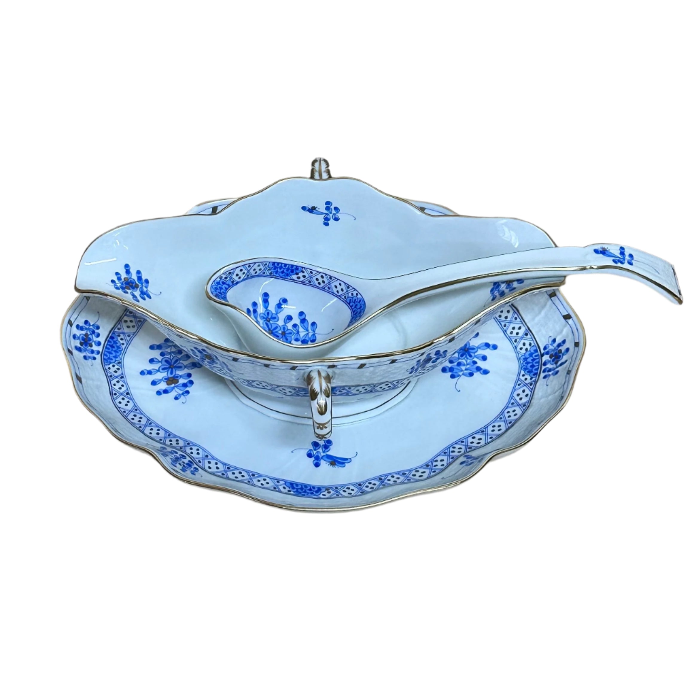 Herend Porcelain Blue Garden Gravy Boat with Attached Underplate & Ladle 122/WB 1240/WB
