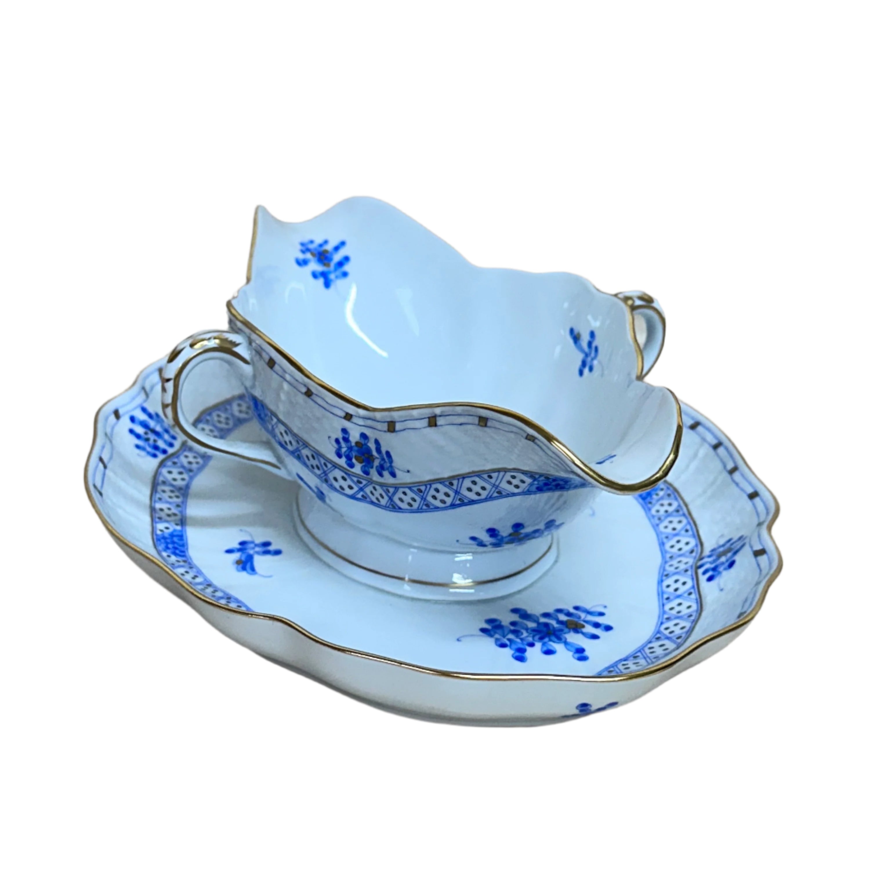 Herend Porcelain Blue Garden Gravy Boat with Attached Underplate & Ladle 122/WB 1240/WB