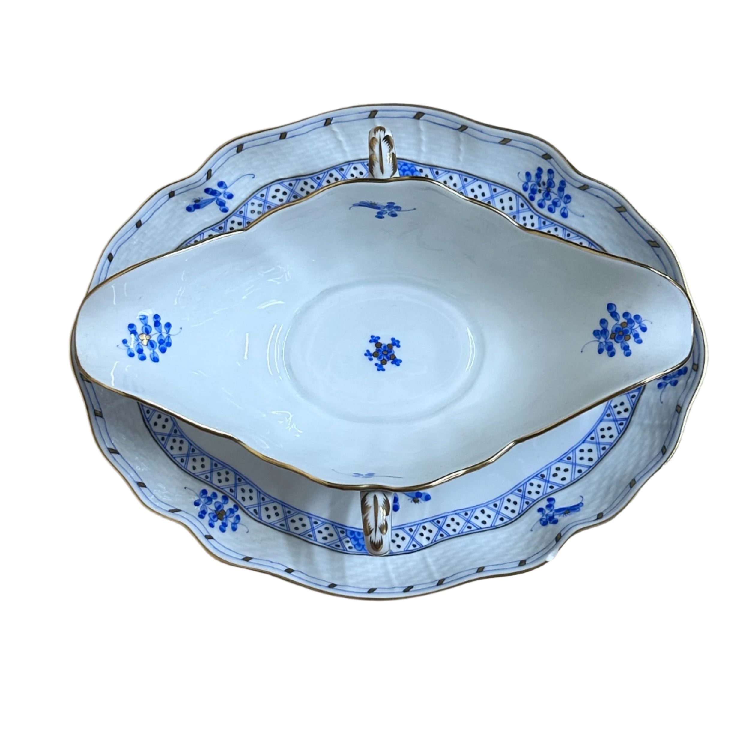 Herend Porcelain Blue Garden Gravy Boat with Attached Underplate & Ladle 122/WB 1240/WB