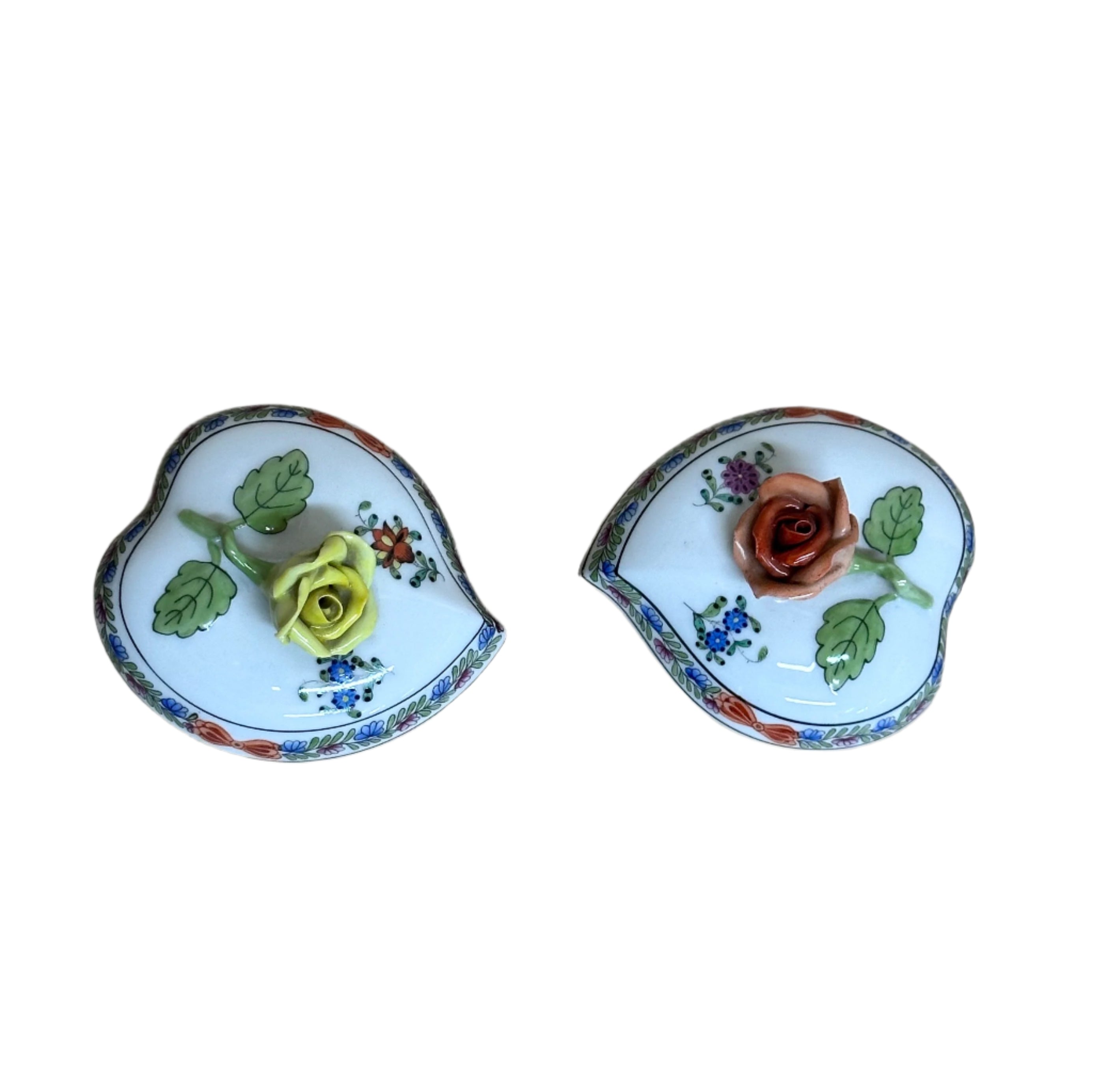 Herend Porcelain Indian Basket Heart Shape Bon Bon & Lid Small Box 600h//FD Set of 2