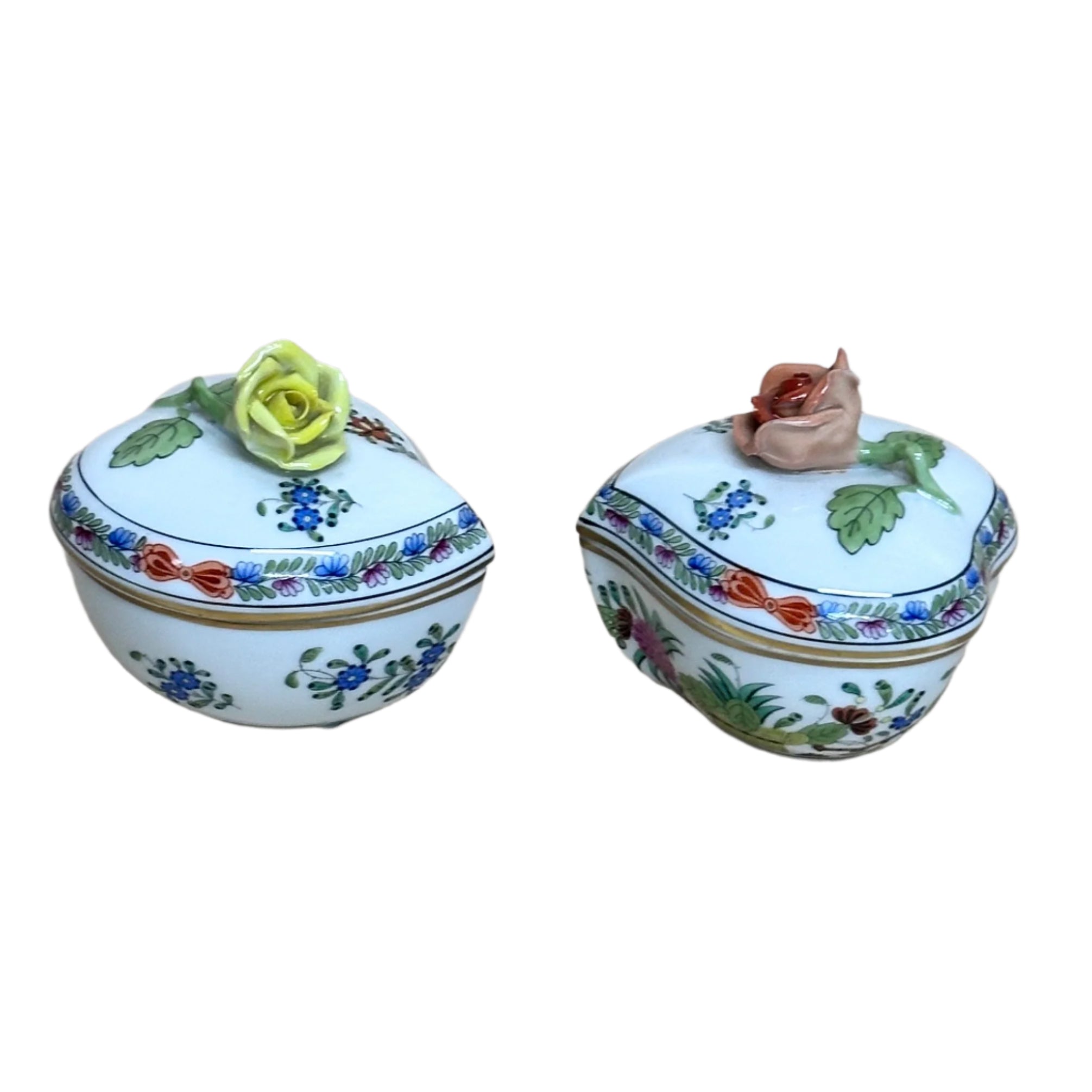Herend Porcelain Indian Basket Heart Shape Bon Bon & Lid Small Box 600h//FD Set of 2