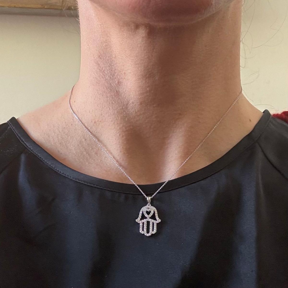14k White Gold Diamond Hamsa Hand Pendant Necklace