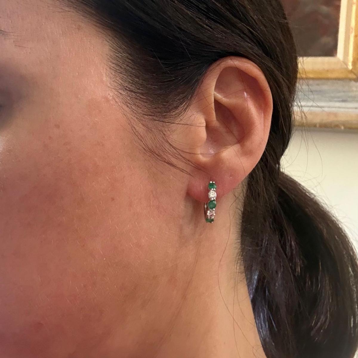 14k Gold Diamond Emerald Hoop Earrings