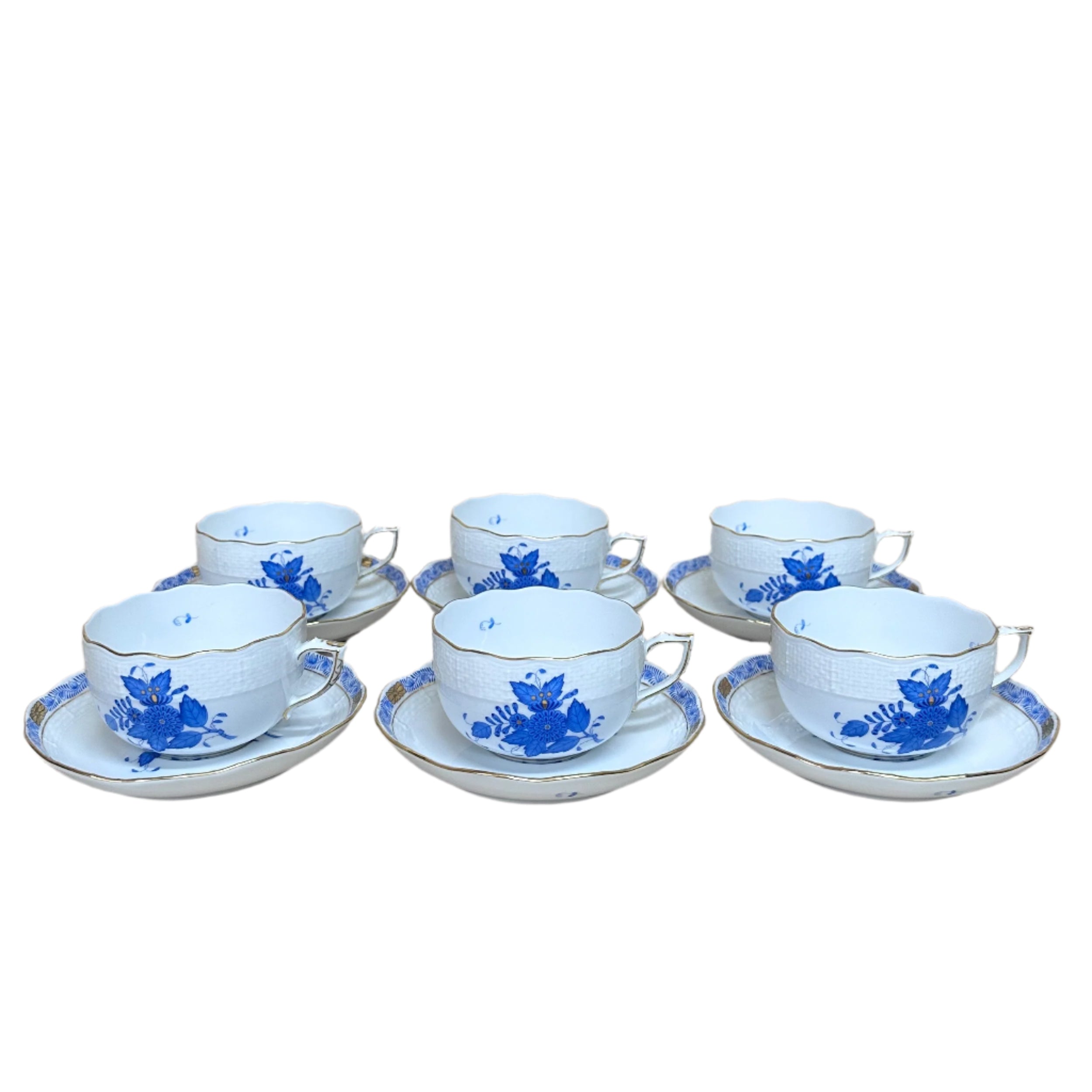 12pc Herend Chinese Bouquet Blue Flat Cup & Saucer Set for 6