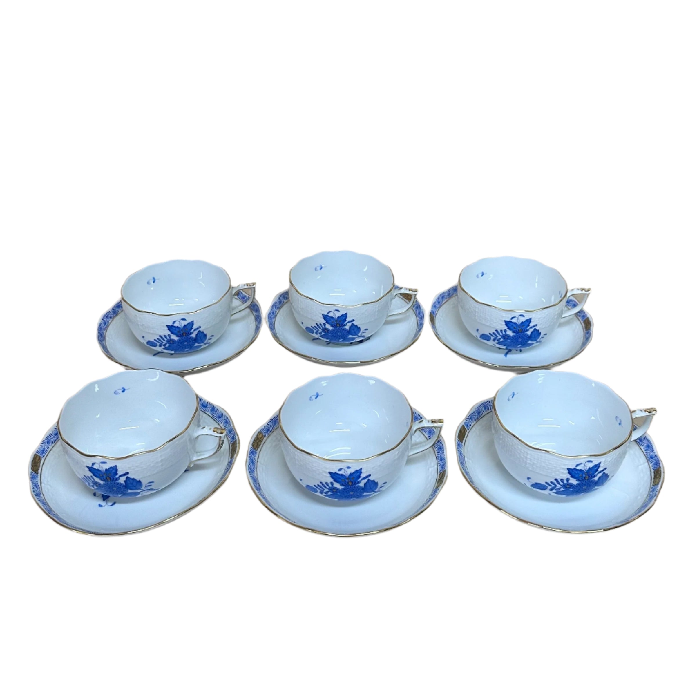 12pc Herend Chinese Bouquet Blue Flat Cup & Saucer Set for 6