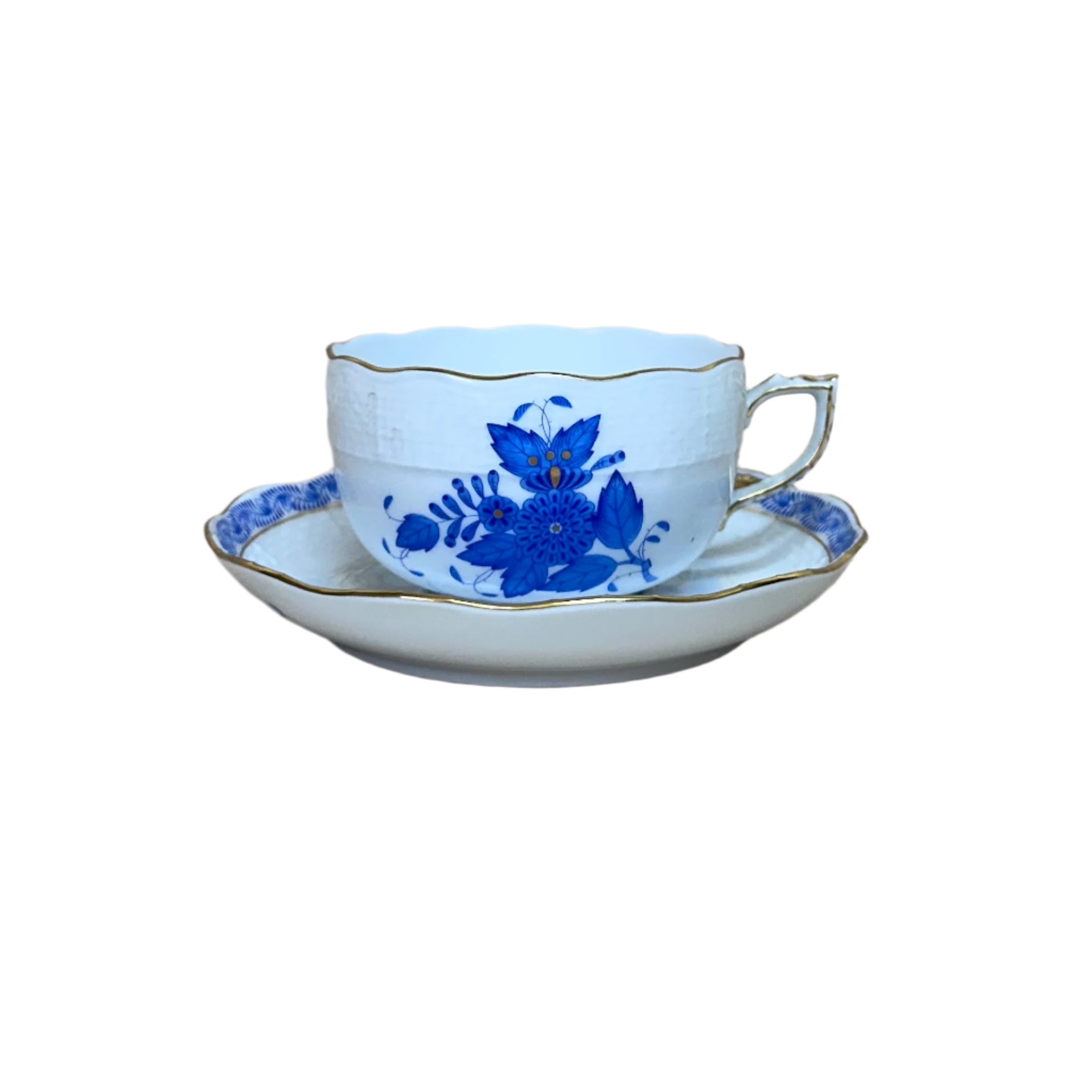 12pc Herend Chinese Bouquet Blue Flat Cup & Saucer Set for 6