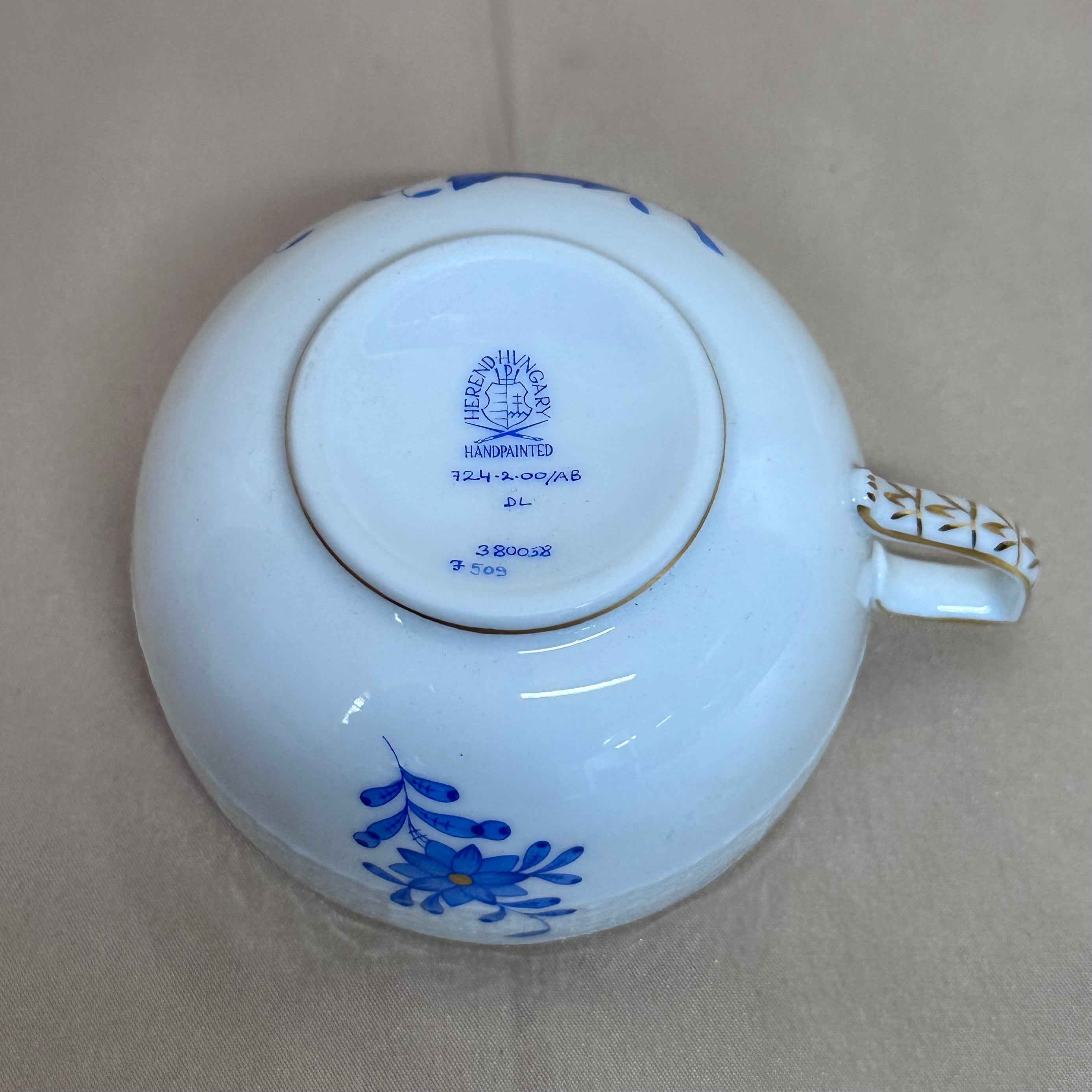 12pc Herend Chinese Bouquet Blue Flat Cup & Saucer Set for 6