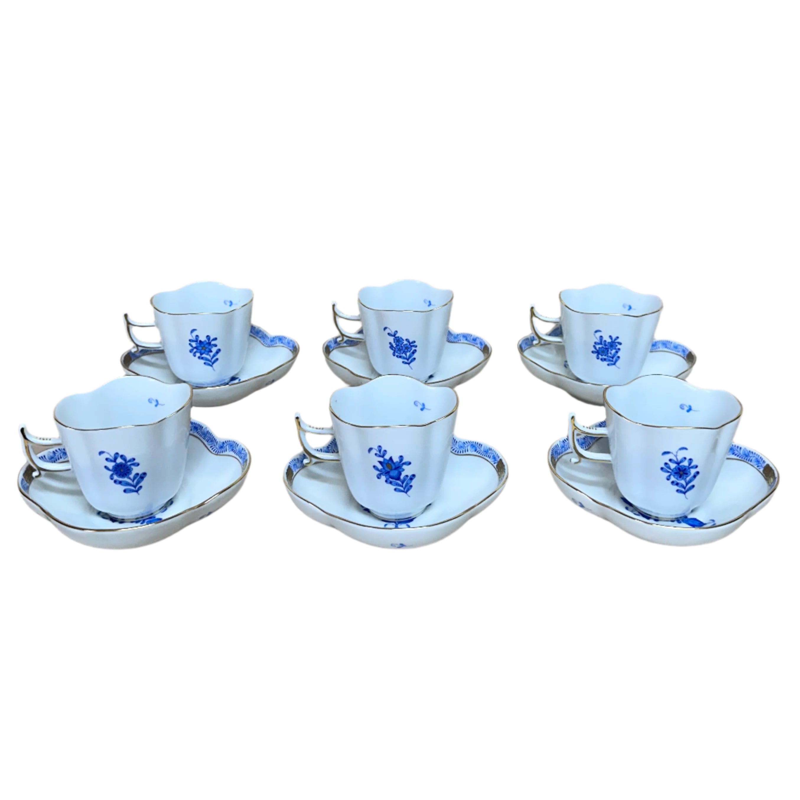 12pc Herend Chinese Bouquet Blue Flat Demitasse Cup & Saucer Set for 6