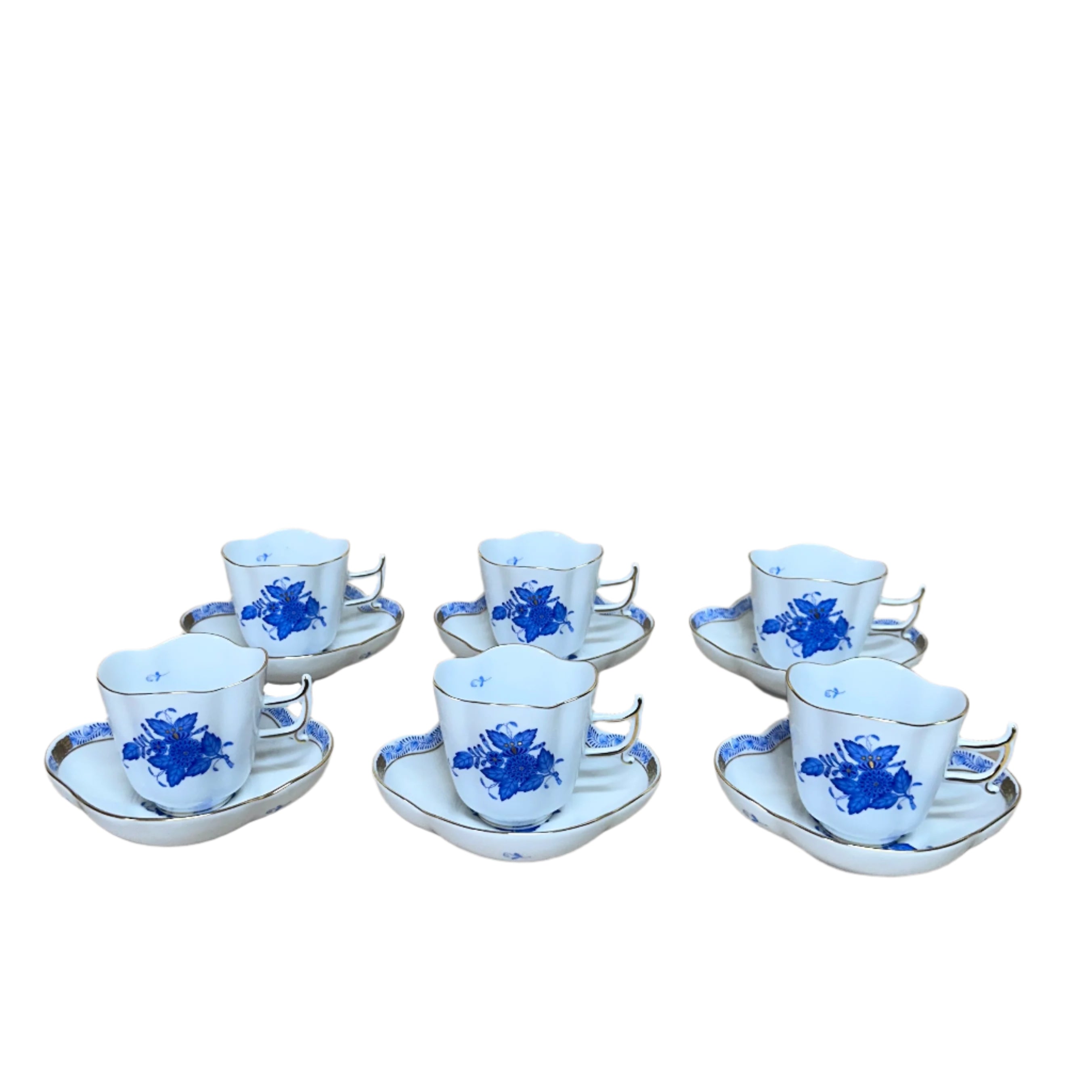 12pc Herend Chinese Bouquet Blue Flat Demitasse Cup & Saucer Set for 6