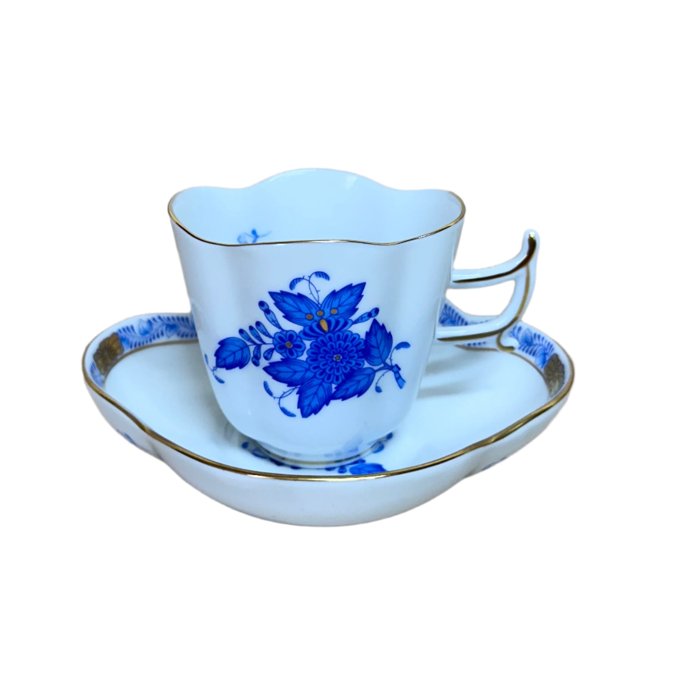 12pc Herend Chinese Bouquet Blue Flat Demitasse Cup & Saucer Set for 6