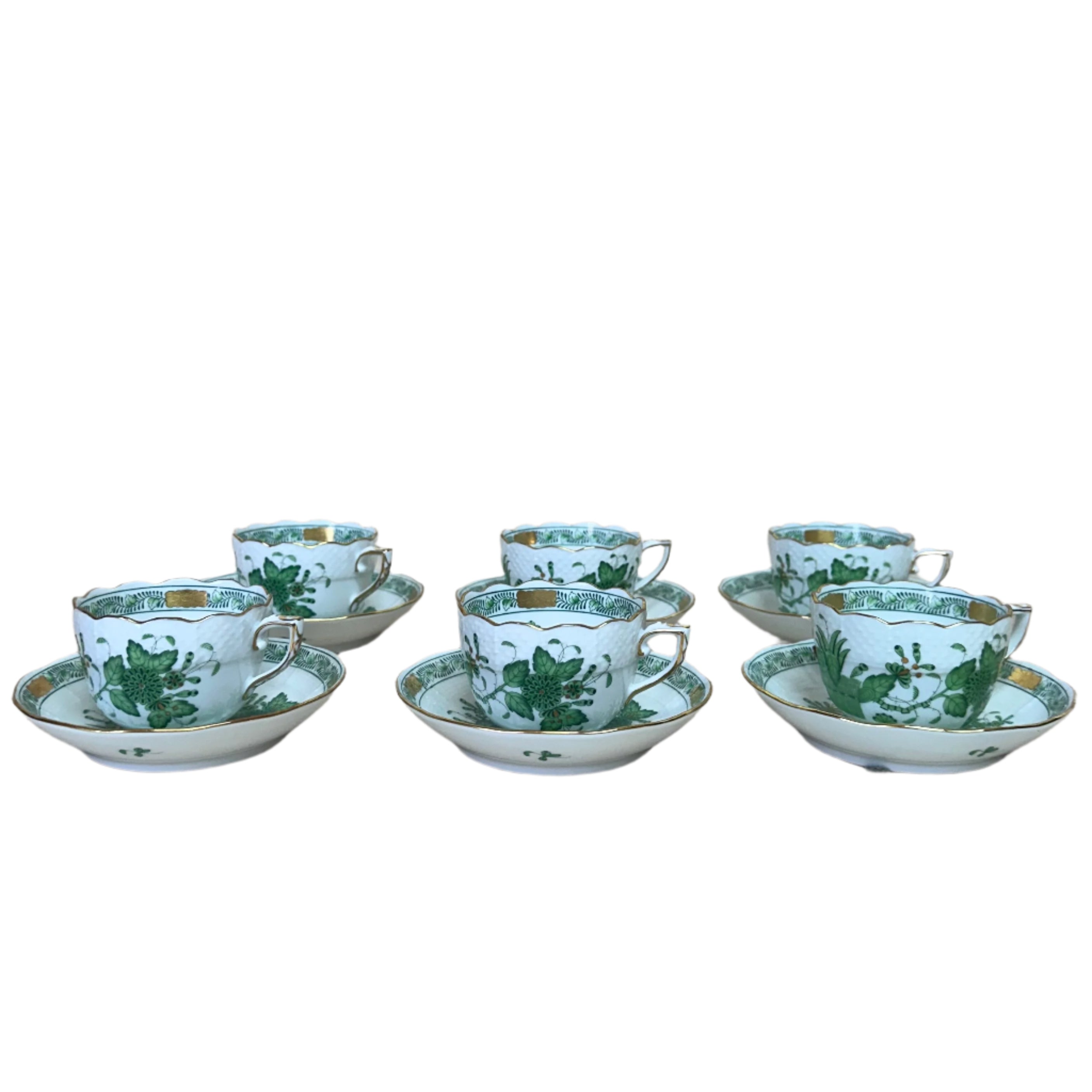 12pc Herend Indian Basket Green Flat Demitasse Cup & Saucer Set for 6